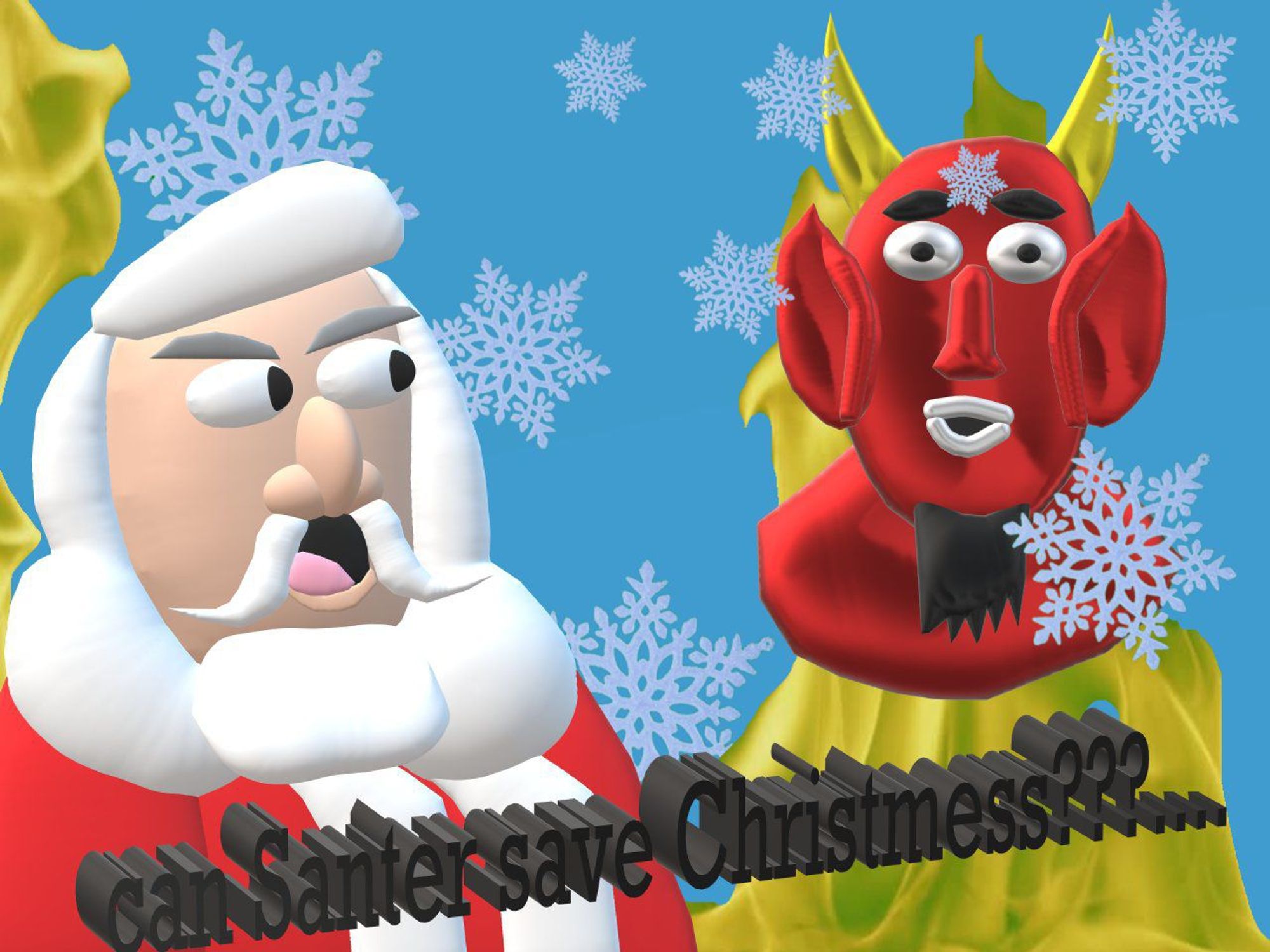 A vaguely winter themed picture depicting Santa Claus staring at a deliberately poor rendered Satan with superimposed snowflakes and flames. There is a 3d caption reading "can Santer save Christmas???...."