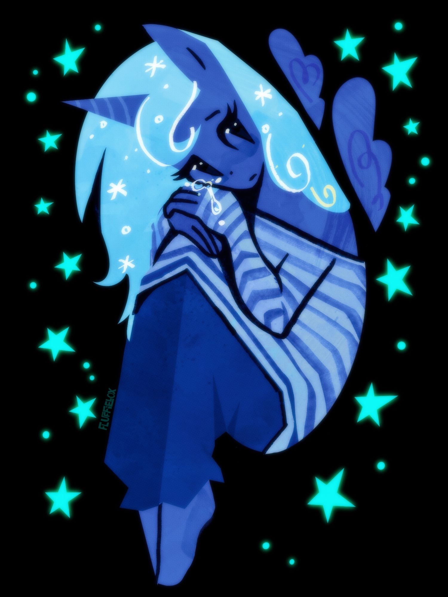 black background, blue girl cartoon drawing. light teal blue stars. she’s crying!