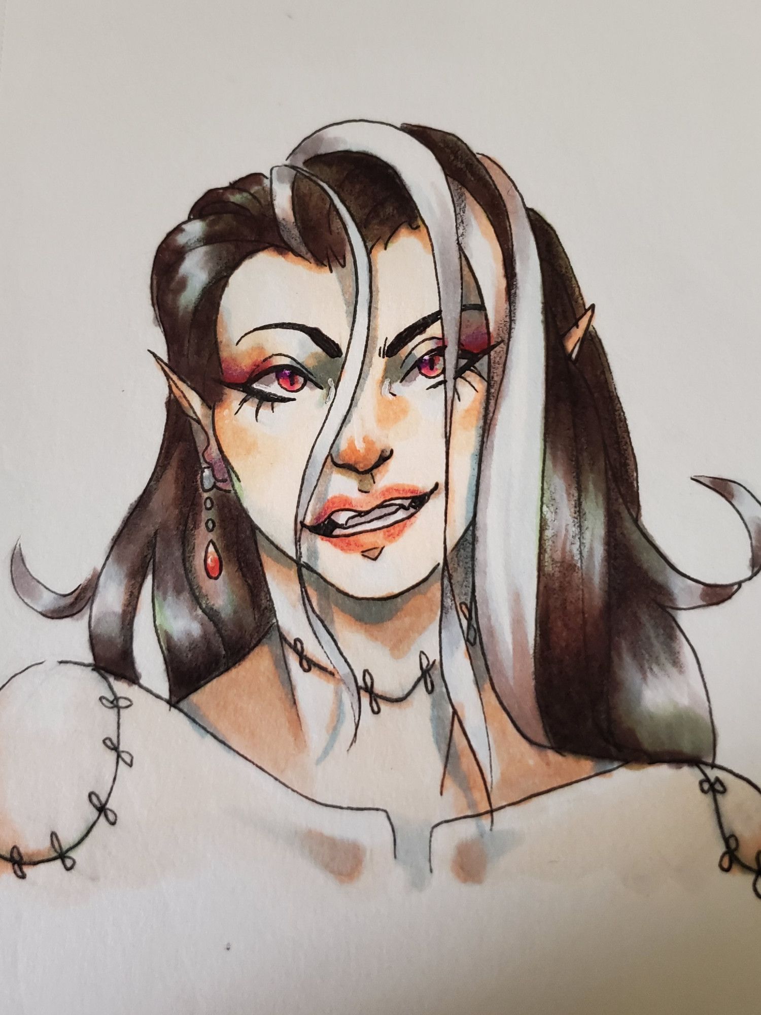 Copic drawing of a woman with long, white-streaked hair, red eyes, and red earrings. She has an undead, Frankenstein-esque appearance with sutured stitches around her shoulders and neck. She has a sharp, mischievous smile.