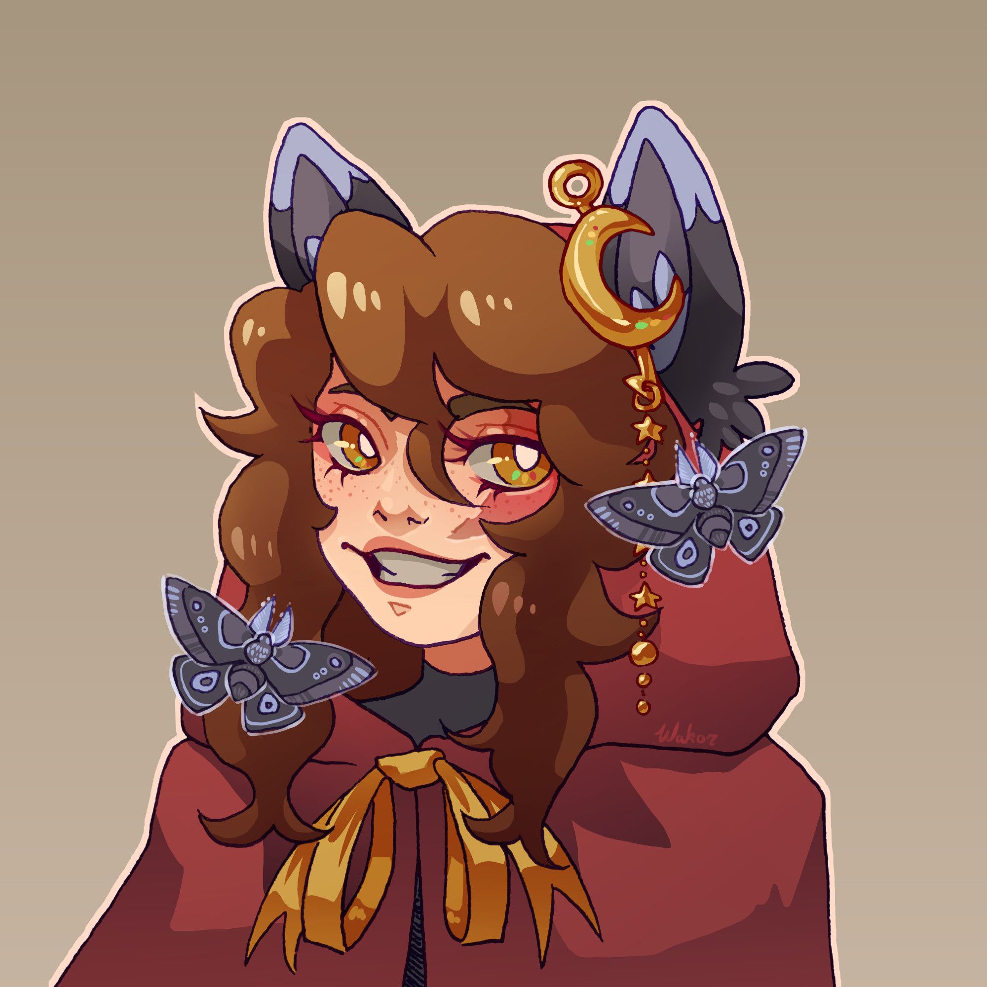 Colored illustration of the Minecraft YouTuber Pearlescentmoon. It is a shoulders-up bust of a brown haired woman with gold eyes in a red cloak. She has grey wolf ears, a gold moon-shaped pin, and an gold ribbon around her neck. There are two grey moths on her.