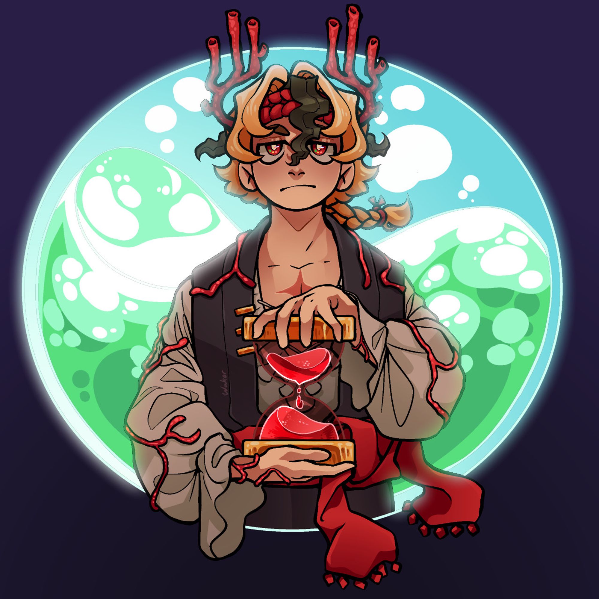 Colored illustration of the Minecraft YouTuber InTheLittleWood, aka Martyn. It depicts his Limited Life Mean Gills Red-heart skin, which is a red, black, and white pirate costume covered in kelp. He has a crown of red coral, like antlers. He is holding a large hourglass with red sand, and he has an arrow scar in his chest. There is an orb of slightly glowing ocean water behind him.