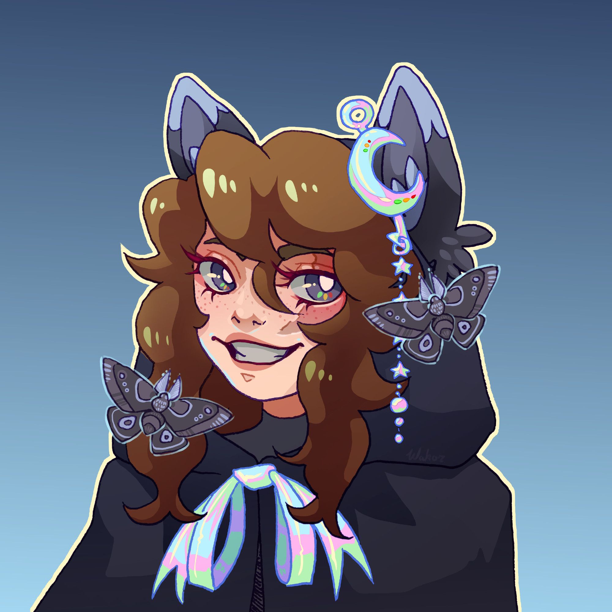 Colored illustration of the Minecraft YouTuber Pearlescentmoon. It is a shoulders-up bust of a brown haired woman with gray eyes in a black cloak. She has grey wolf ears, an iridescent moon-shaped pin, and an iridescent ribbon around her neck. There are two grey moths on her.