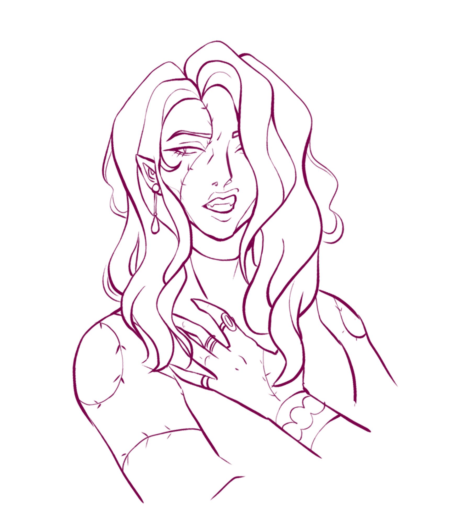 Digital sketch of a pretty woman with wavy long hair and earrings. She has an undead, Frankenstein-esque appearance with sutured stitches around her shoulders and neck. She has one ringed hand against her chest, and has a sad, reticent look on her face. The sutured scars on her wrist look a little like manacles.