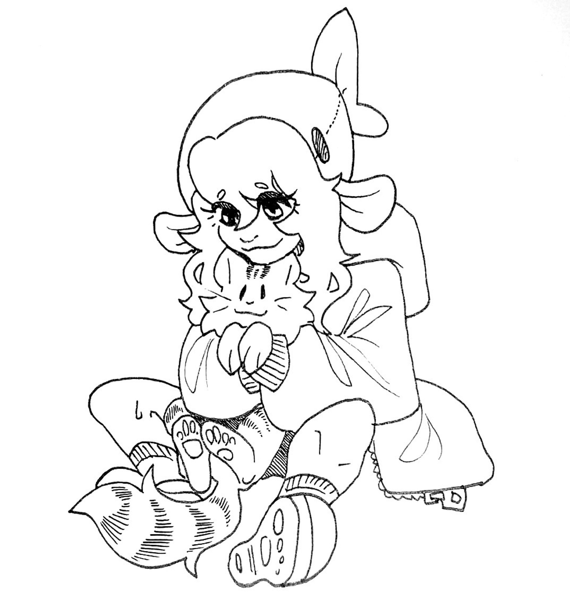 Sketch of Pearlescentmoon (girl in a hoodie and shorts with sneakers) sitting and holding a striped cat. She is wearing a salmon-shaped hat that looks like a hoodie hood.