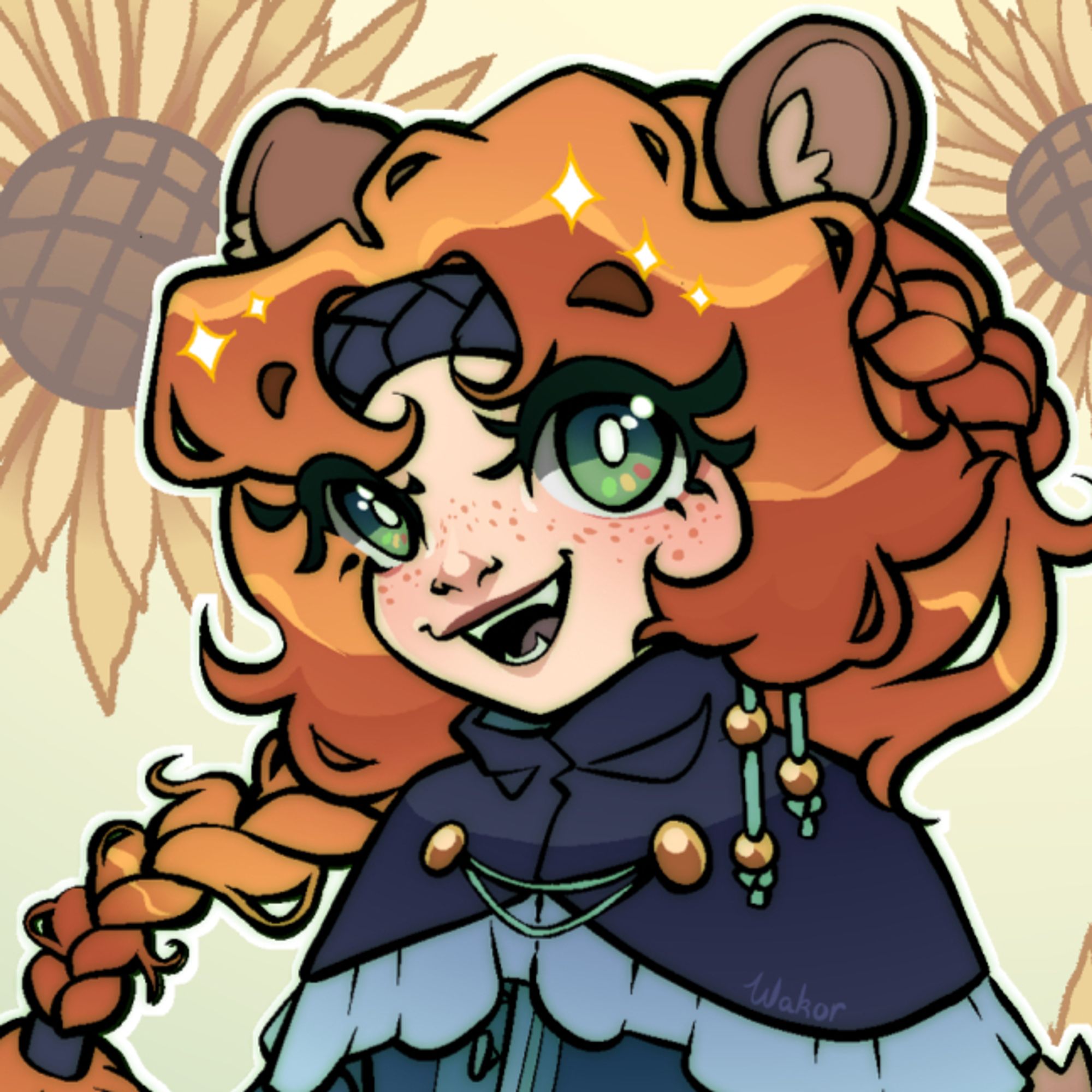 Colored illustration of Minecraft Youtuber Geminitay. She is in her Hermitcraft Season 10 skin, a blue pirate-esque costume with gold beads adorning her outfit. She has long red wavy hair in a braid, and green eyes with traffic light highlights. She is an otter hybrid with ears, webbed claws, and a tail. There is a sunflower background.