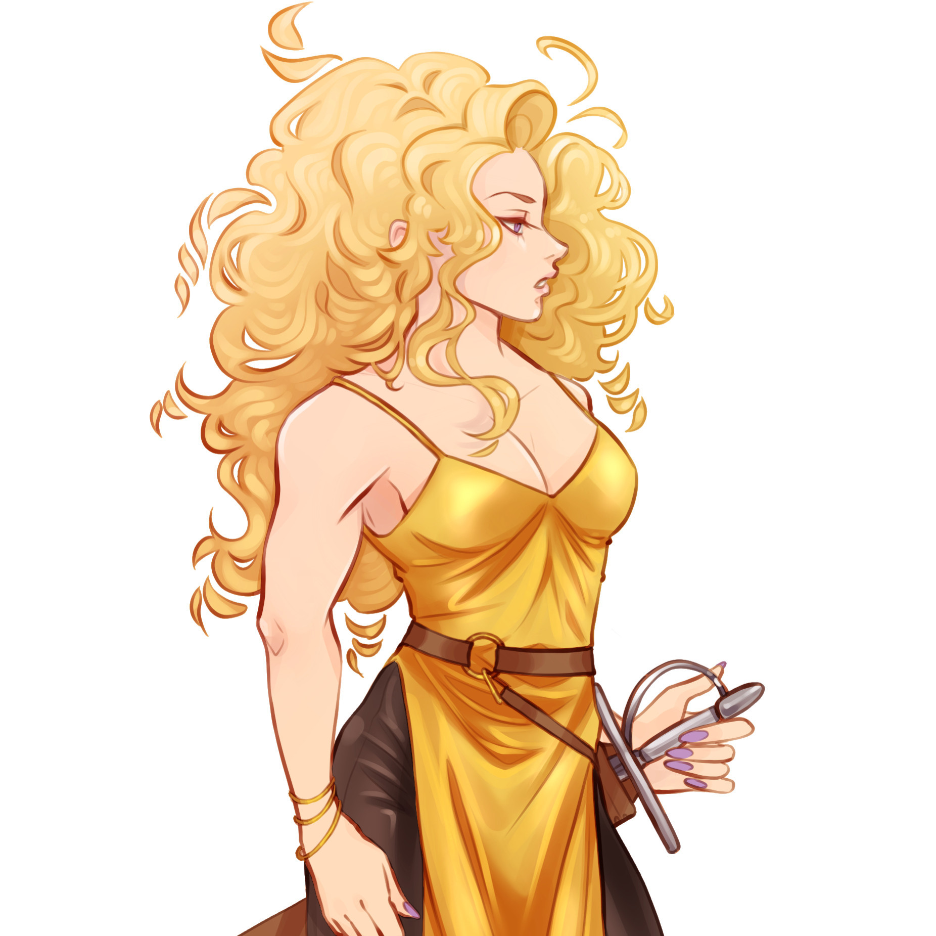 Stylized art of Coronabeth Tridentarius from the Locked Tomb series. She is facing right and has big, curly, golden hair. She is muscular and is wearing a satin yellow slip that's split on the sides. She is wearing soft leather pants with sandals, and has a rapier girdled to her waist. Her hand is touching her rapier pommel lightly and she has purple nailpolish.