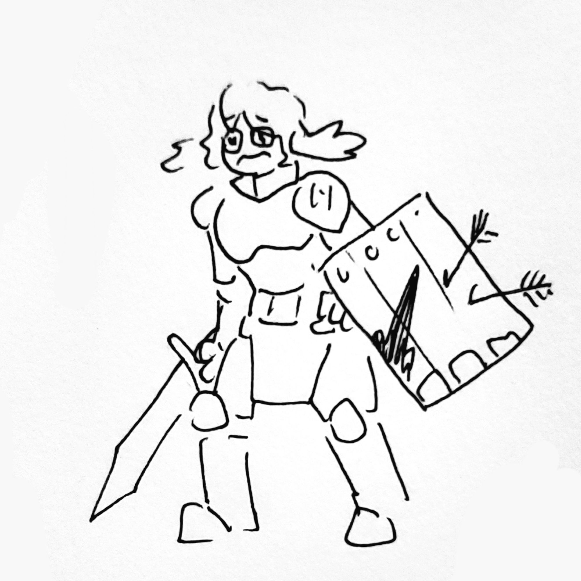 Fanart of Grian. A young man in full plate armor and wings in his head looks distressed. He is carrying a shield with arrows and blood on it and a sword.