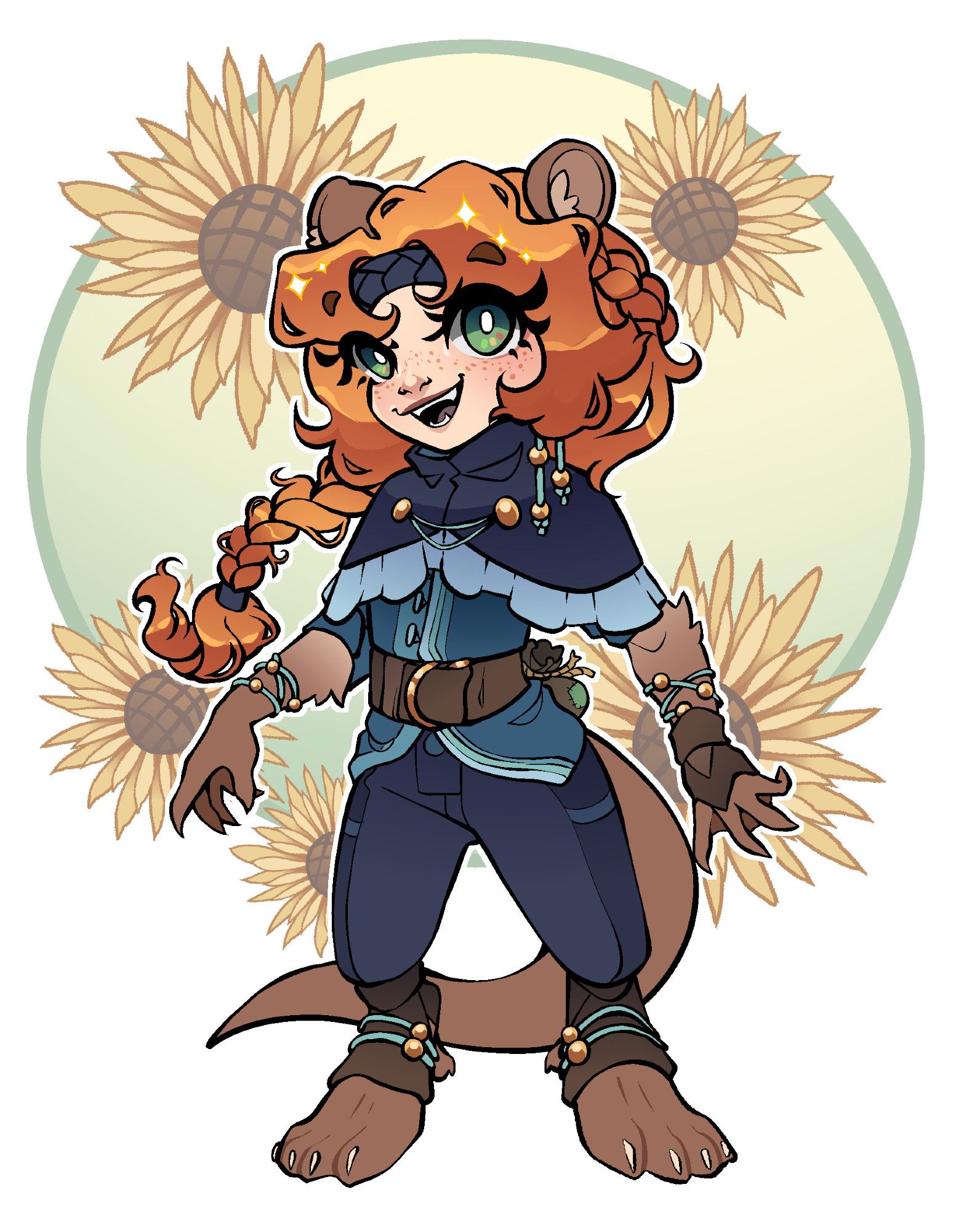 Colored illustration of Minecraft Youtuber Geminitay. She is in her Hermitcraft Season 10 skin, a blue pirate-esque costume with gold beads adorning her outfit. She has long red wavy hair in a braid, and green eyes with traffic light highlights. She is an otter hybrid with ears, webbed claws, and a tail. There is a sunflower background.