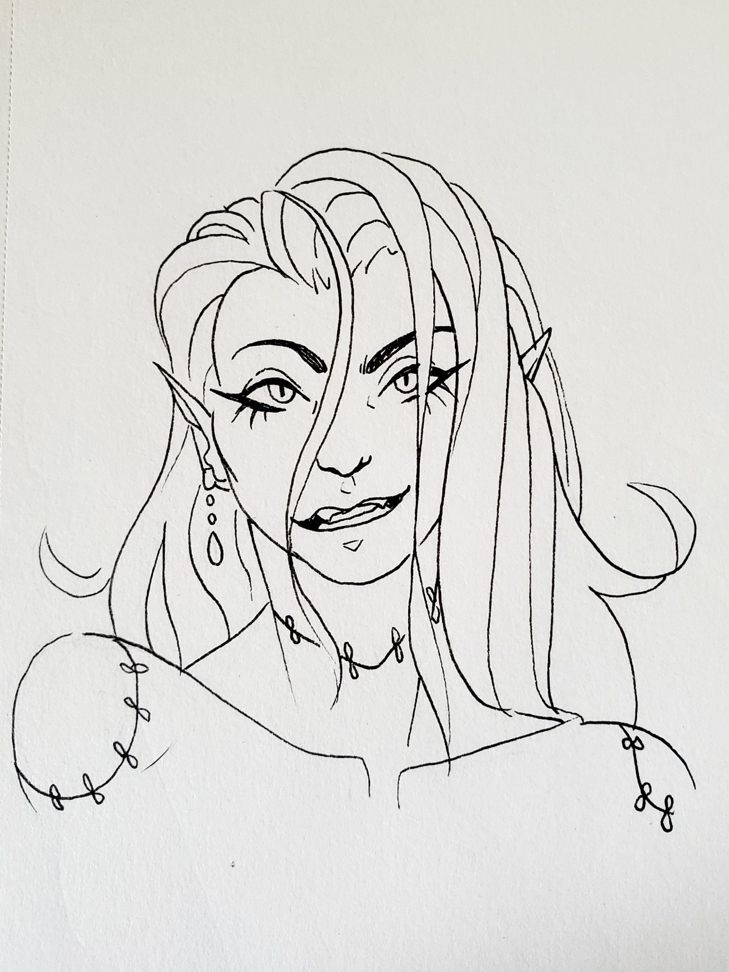 Bust sketch of a woman with long hair and earrings. She has an undead, Frankenstein-esque appearance with sutured stitches around her shoulders and neck. She has a sharp, mischievous smile.