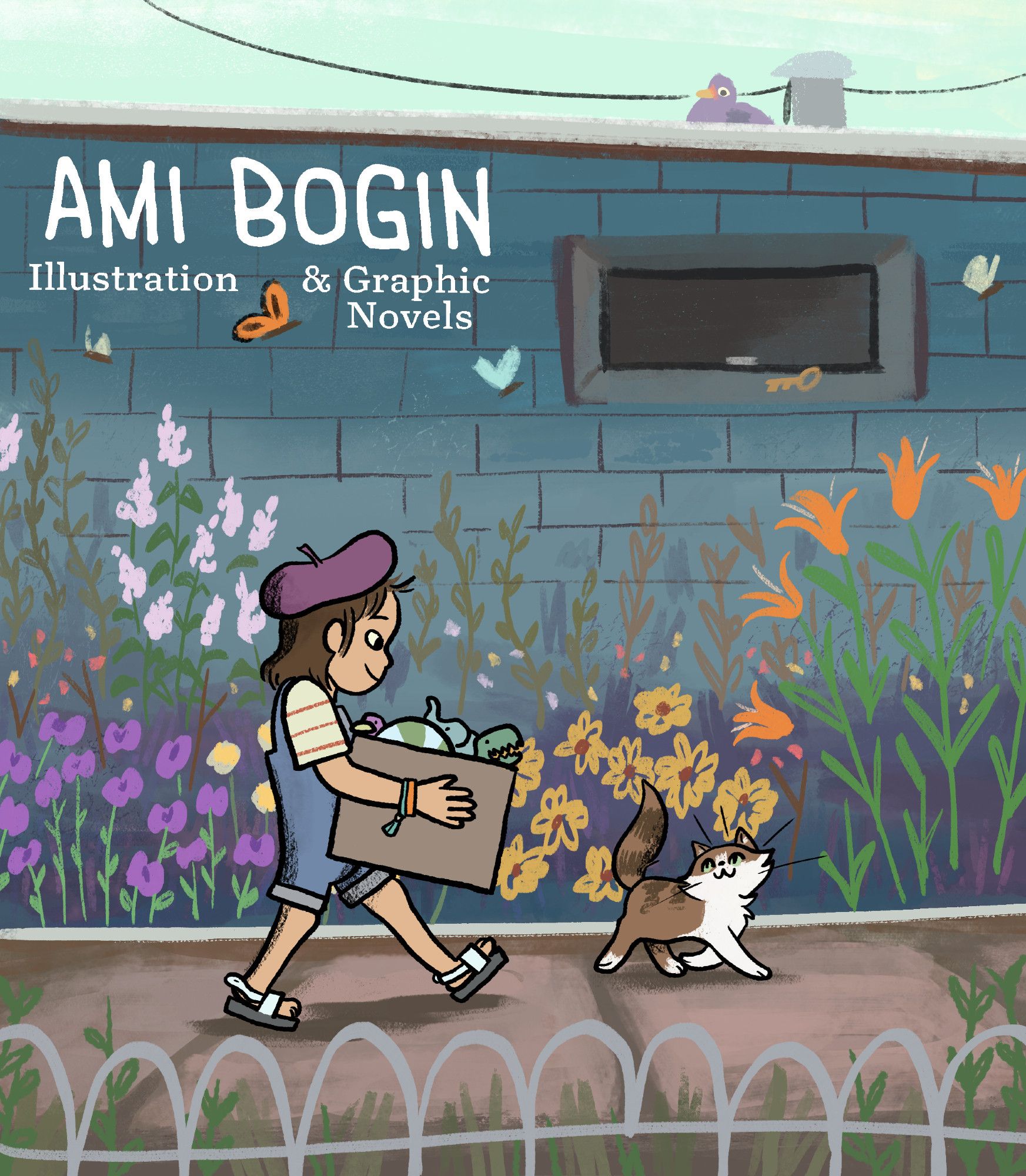 An Asian kid walks along a sidewalk carrying a box of toys and follow her best friend, a small brown and white kitten. Flowers and butterflies abound in this verdant urban backyard.