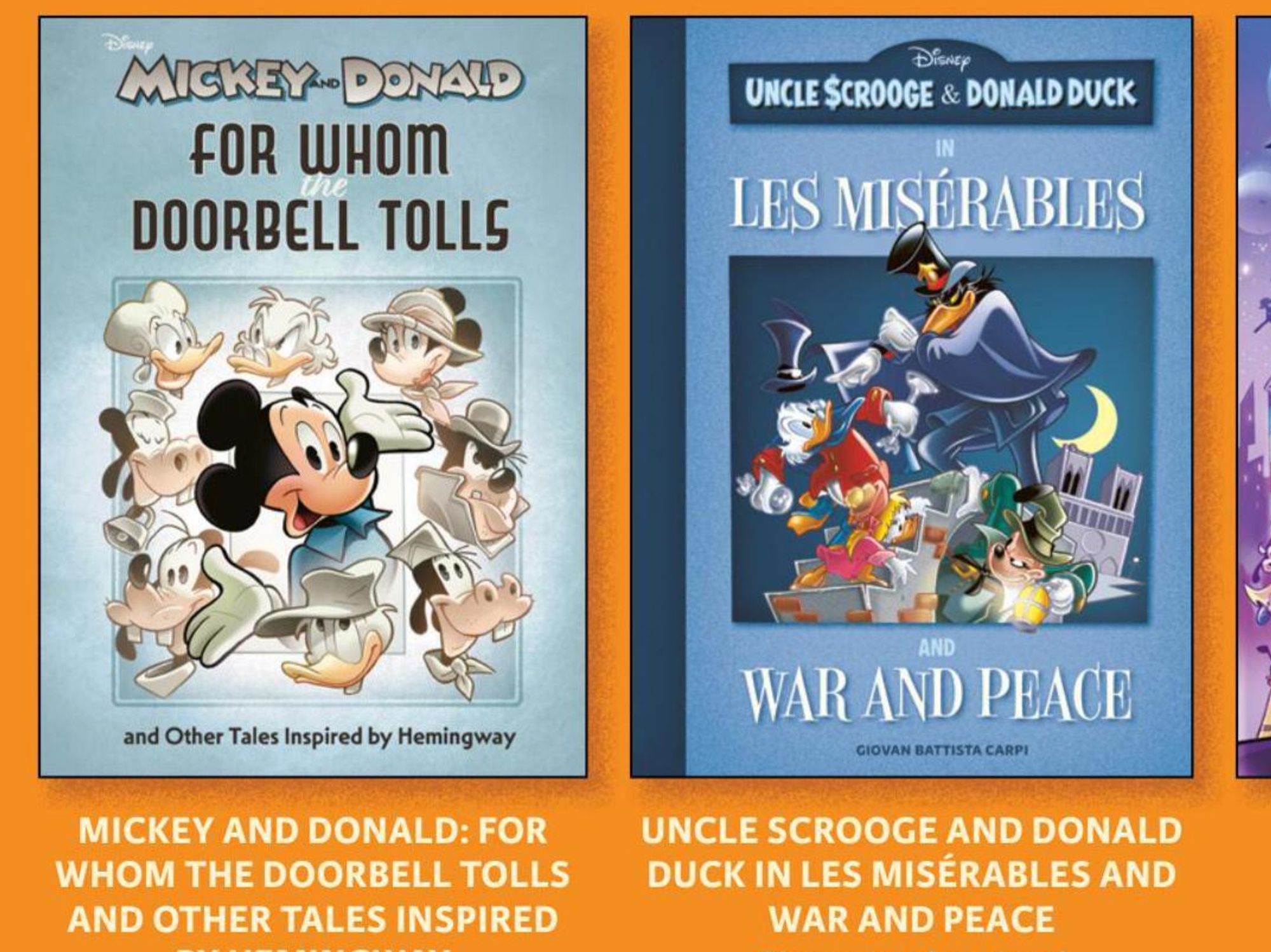 Ads for Disney adaptations of For Whom the Bell Tolls, War and Peace, and Les Mis.