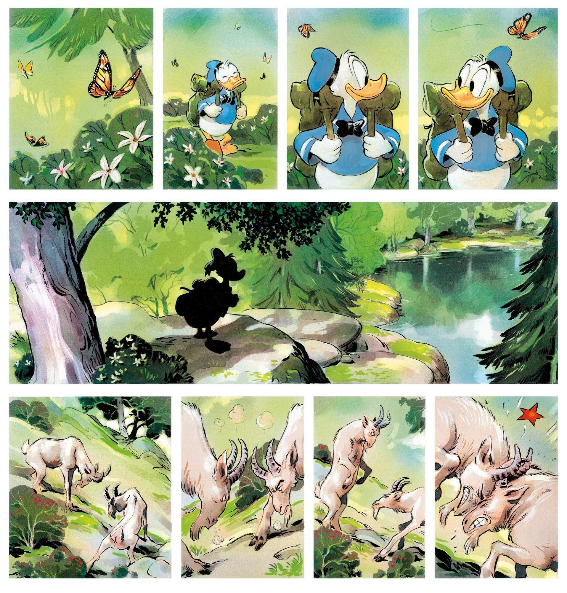 Donald walking through the placid forest. Two fighting rams herald the oncoming conflict and chaos.