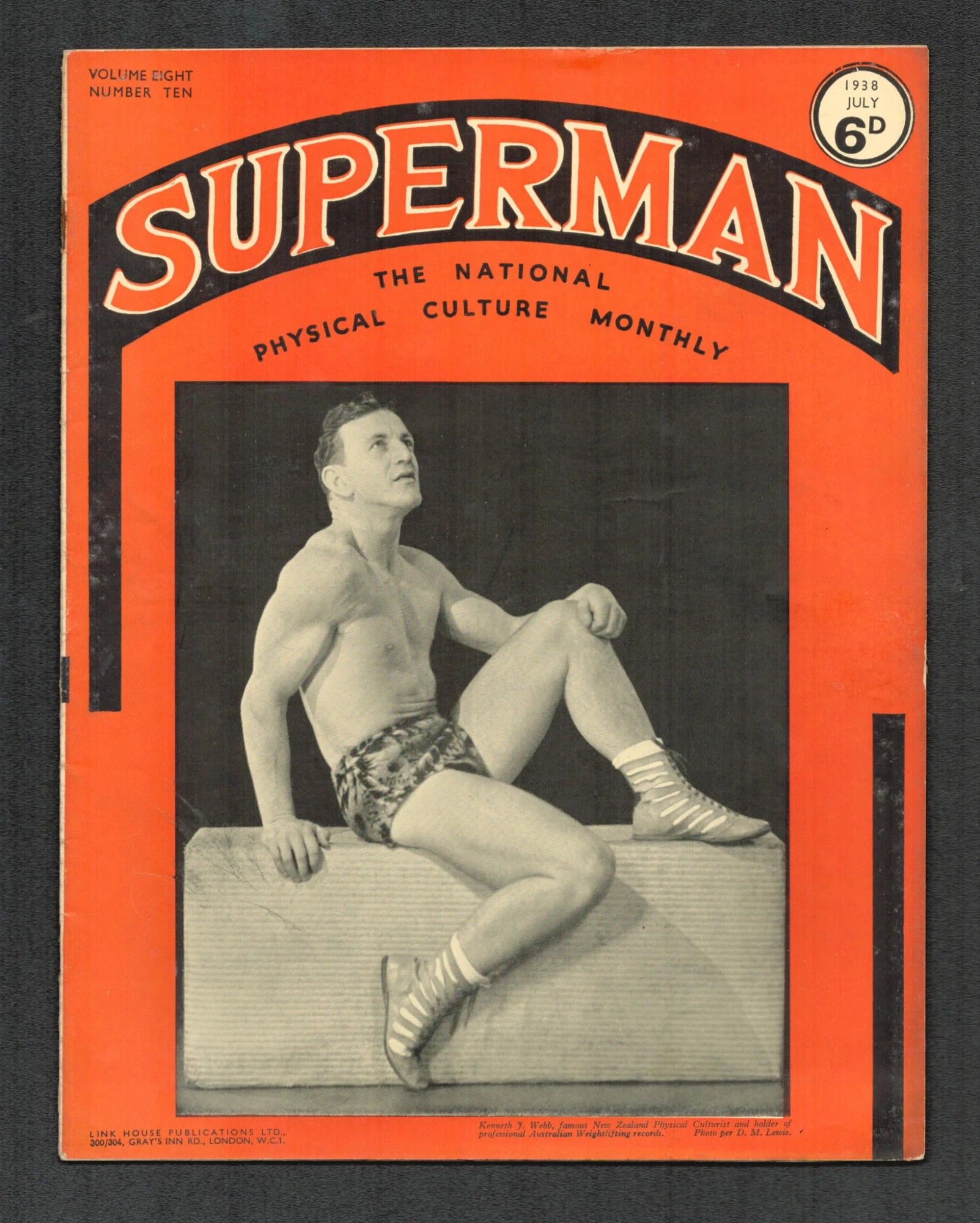 Superman, The National Physical Culture Monthly: A guy in pants and booties having a moment on the chaise longue.