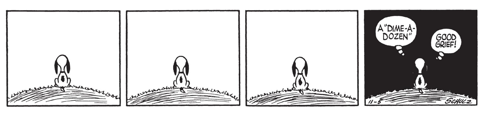 Snoopy sits on a hill and stares at the sky. Hours later, night has fallen. "A dime-a-dozen, good grief!" 