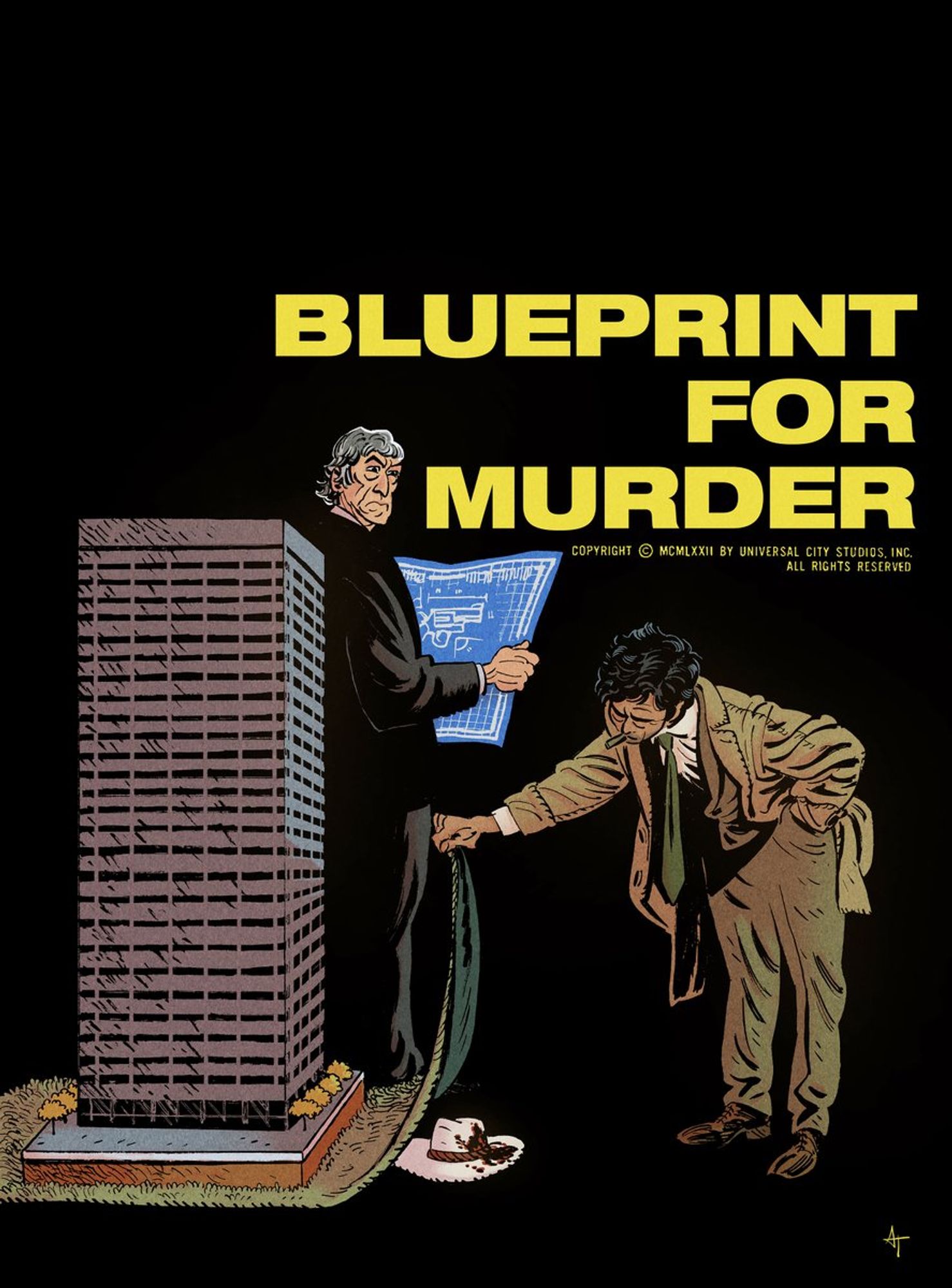 An illustration of Columbo (Peter Falk) and Elliot Markham (Patrick O'Neal) from the Columbo episode Blueprint for Murder, in which Columbo symbolically lifts a patch of ground around a major urban building as tho lifting a rug, and finds a cowboy hat underneath, representative of murder victim Bo Williamson (Forrest Tucker). A great illustration of a great episode.