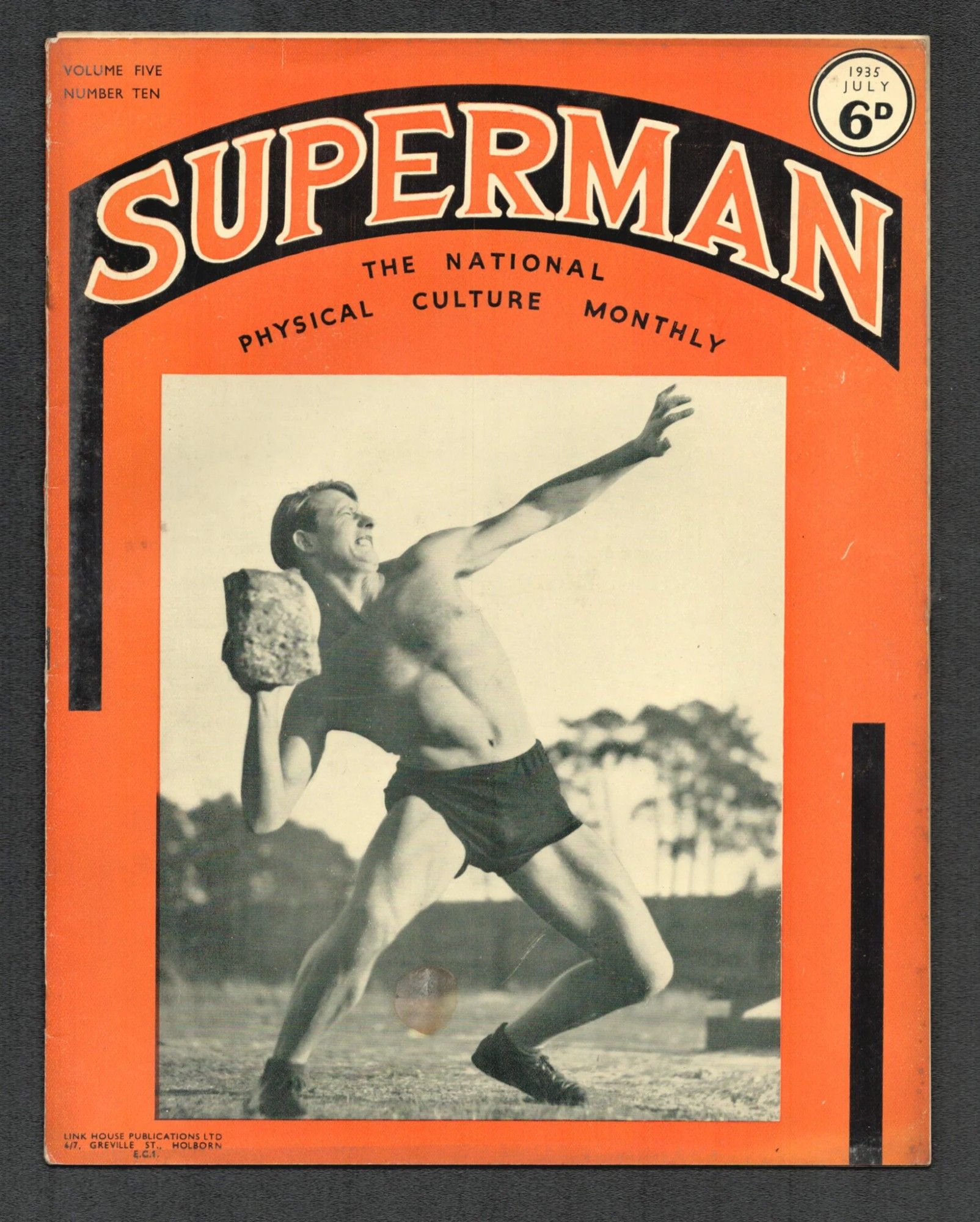 Superman, The National Physical Culture Monthly: A guy in shorts hucking a big rock.