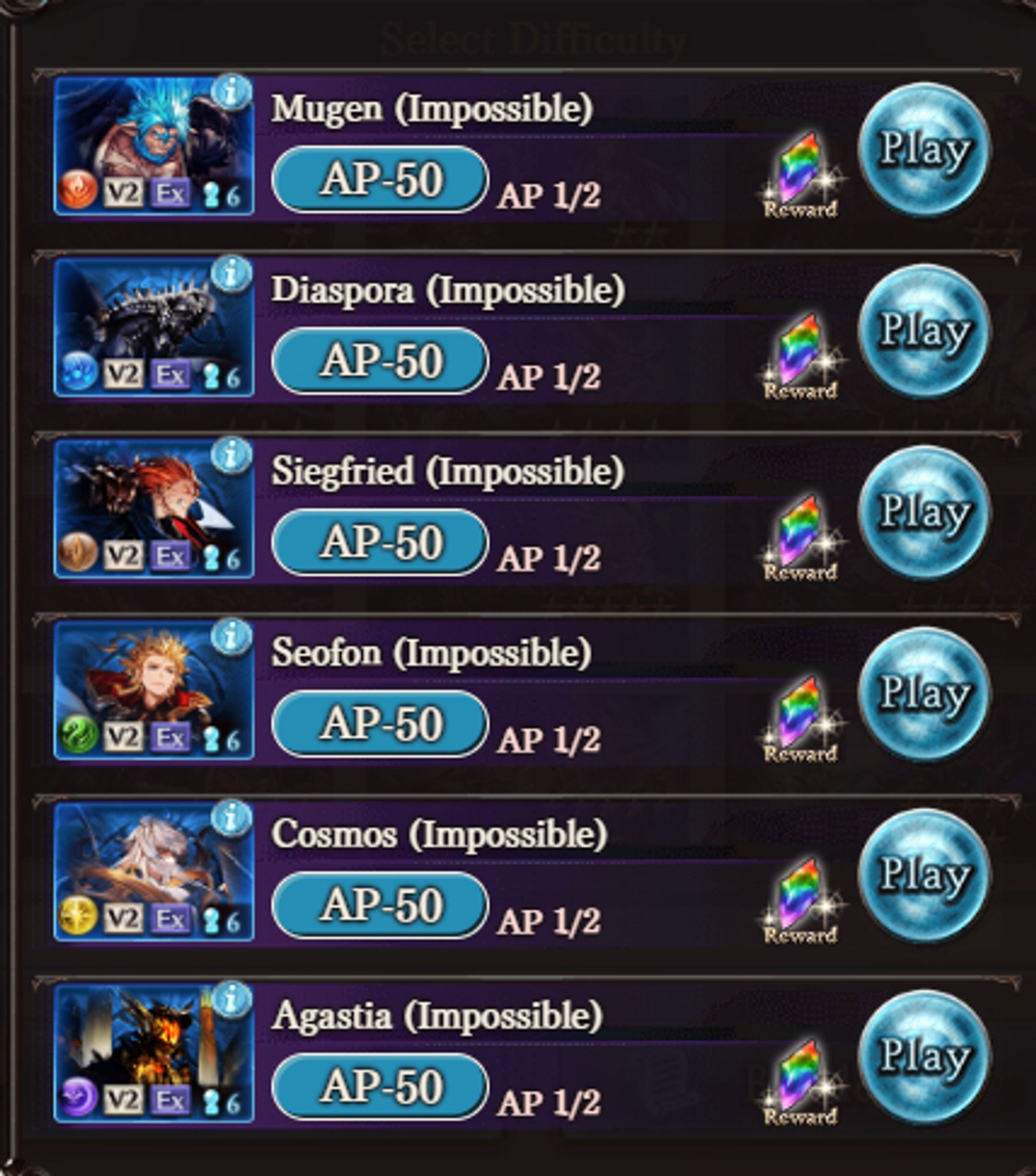 A screenshot of Granblue Fantasy, showing the Impossible Seven-Star difficulty missions: Mugen, Diaspora, Siefried, Seofon, Cosmos, and Agastia. All of them are showing the first-time reward (crystals) indicating they have yet to be completed.