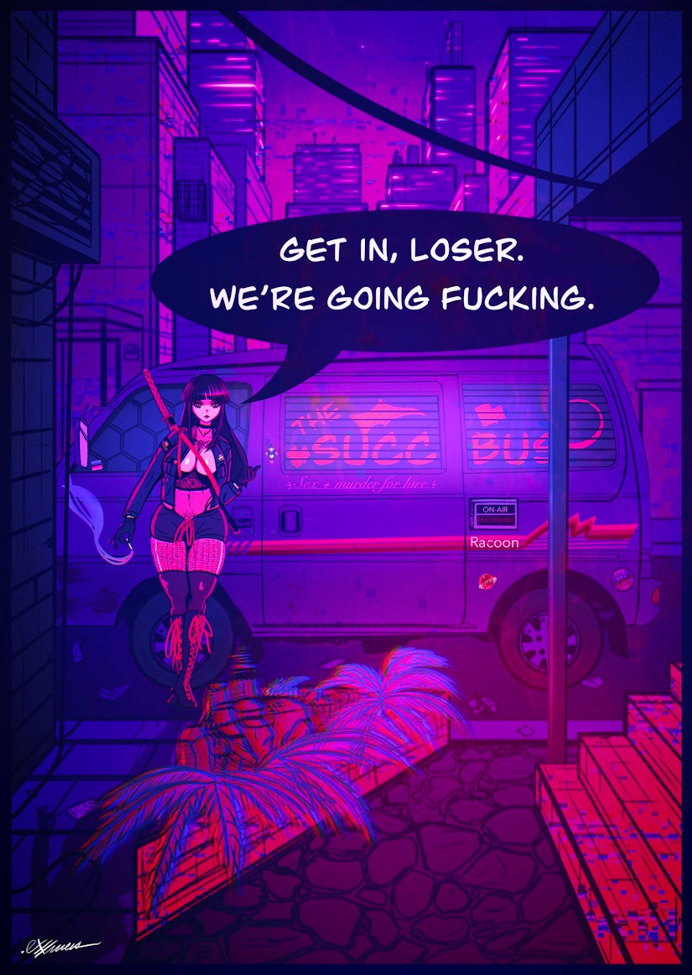 Reika, my succubus assassin OC, is standing in front of a van--a modified '95 Honda Street Racoon. She is looking at the viewer and gesturing towards the van, saying, "Get in, loser. We're going fucking." Whatever that means.