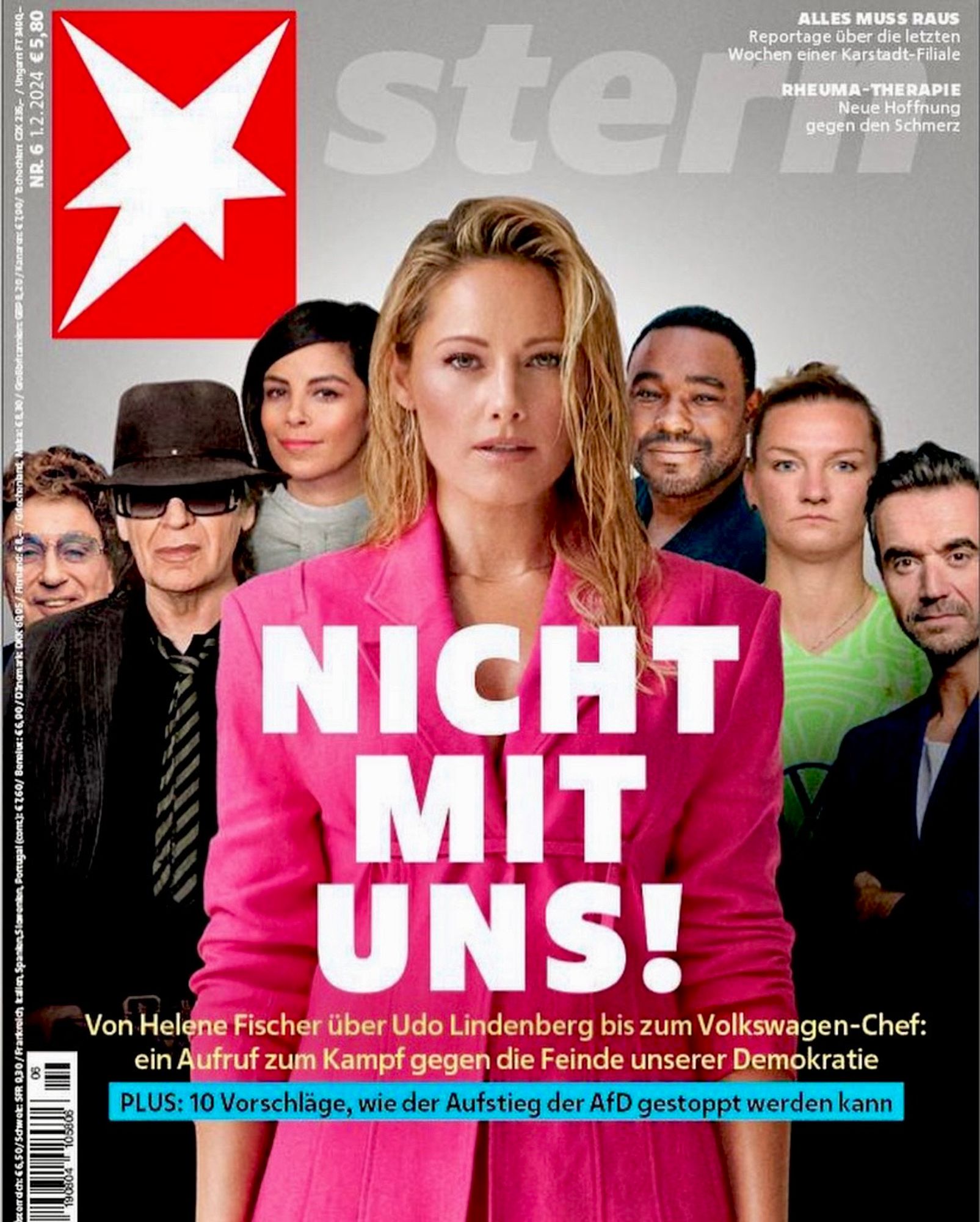 Im Vordergrund steht Helene Fischer. Hinter ihr stehen weitere Prominente, darunter Udo Lindenberg. Sie alle geben den Rechtsextremisten zu verstehen: Nicht mit uns!  mit uns!