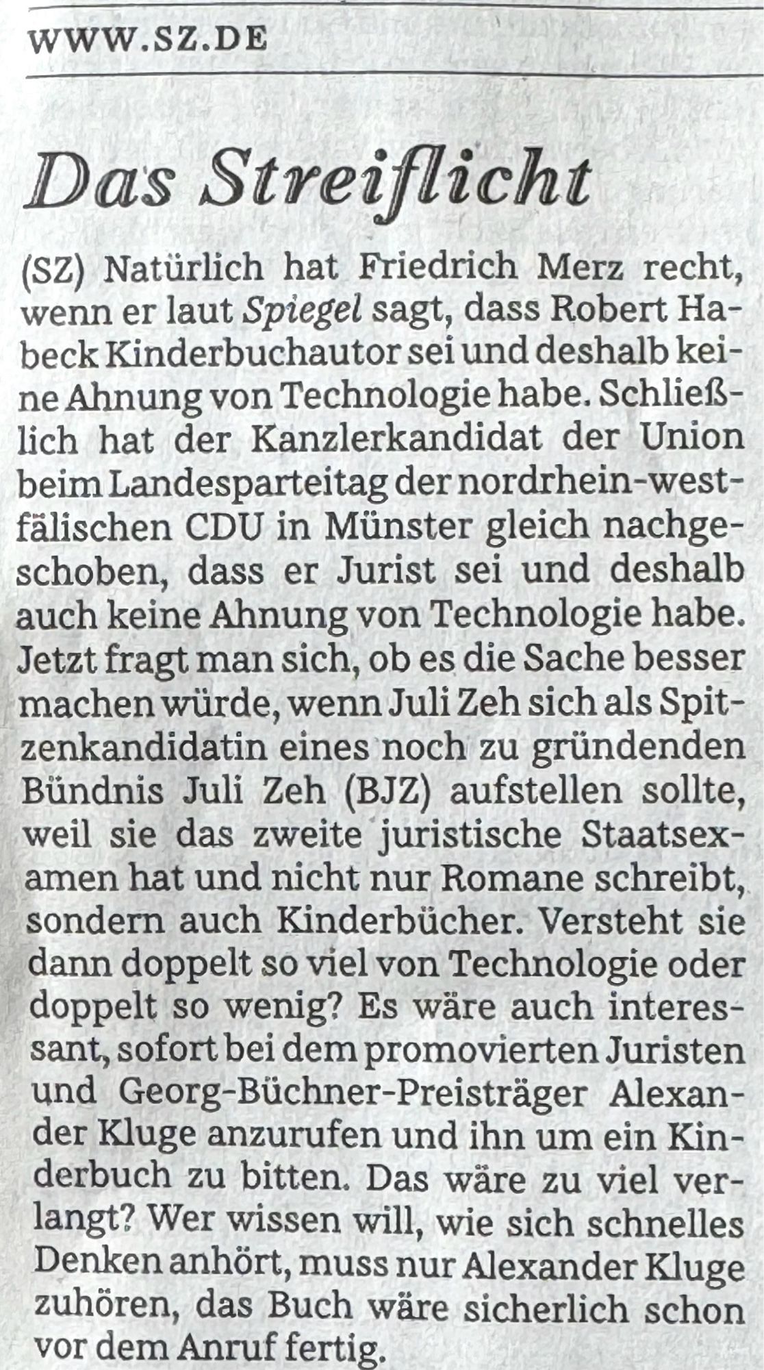 Längerer Text aus ‚Das Streiflicht‘ (SZ)