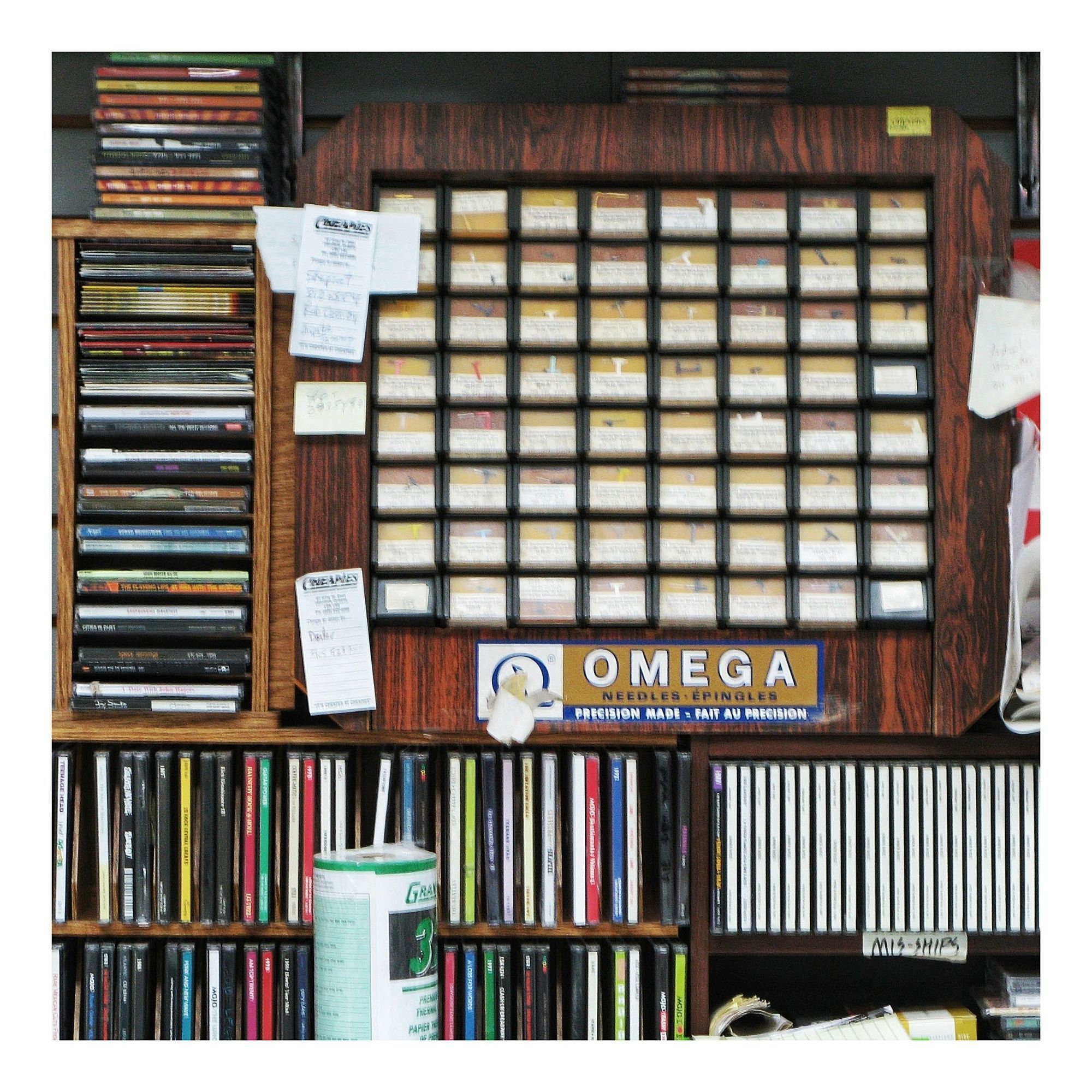 A display of Omega phonograph needles at Cheapies Records in Hamilton Ontario