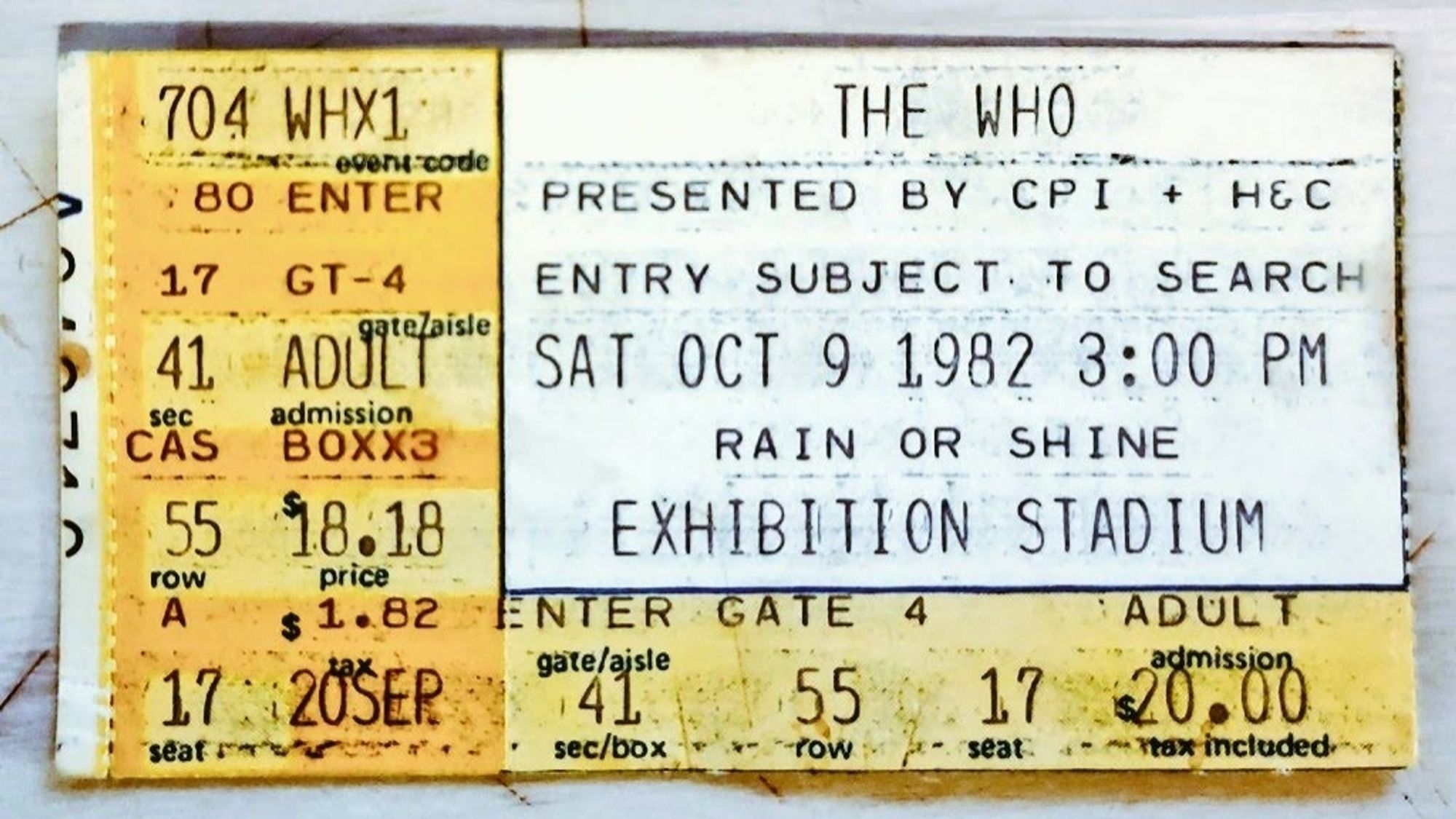 A ticket stub for The Who at Exhibition Stadium in Toronto Ontario on October 9, 1982