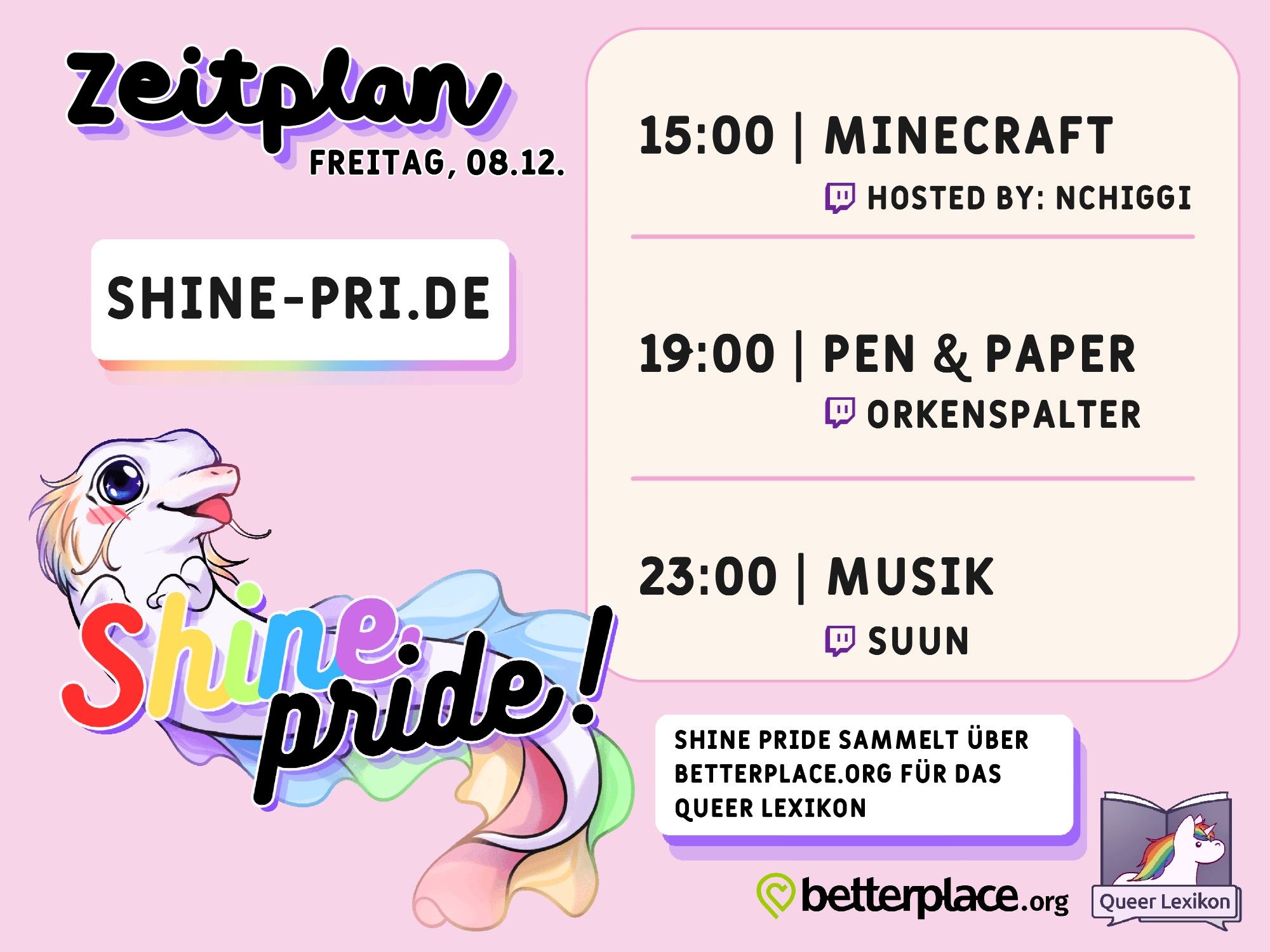 Zeitplan Freitag 8.12. 15:00 Minecraft hosted by NCHIGGI 19:00 Pen & Paper Orkenspalter 23:00 Musik Suun