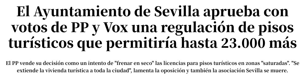 El ayuntamiento de Sevilla aprueba con votos de PP y Vox una regulación de pisos turísticos que permitiría hasta 23000 más.