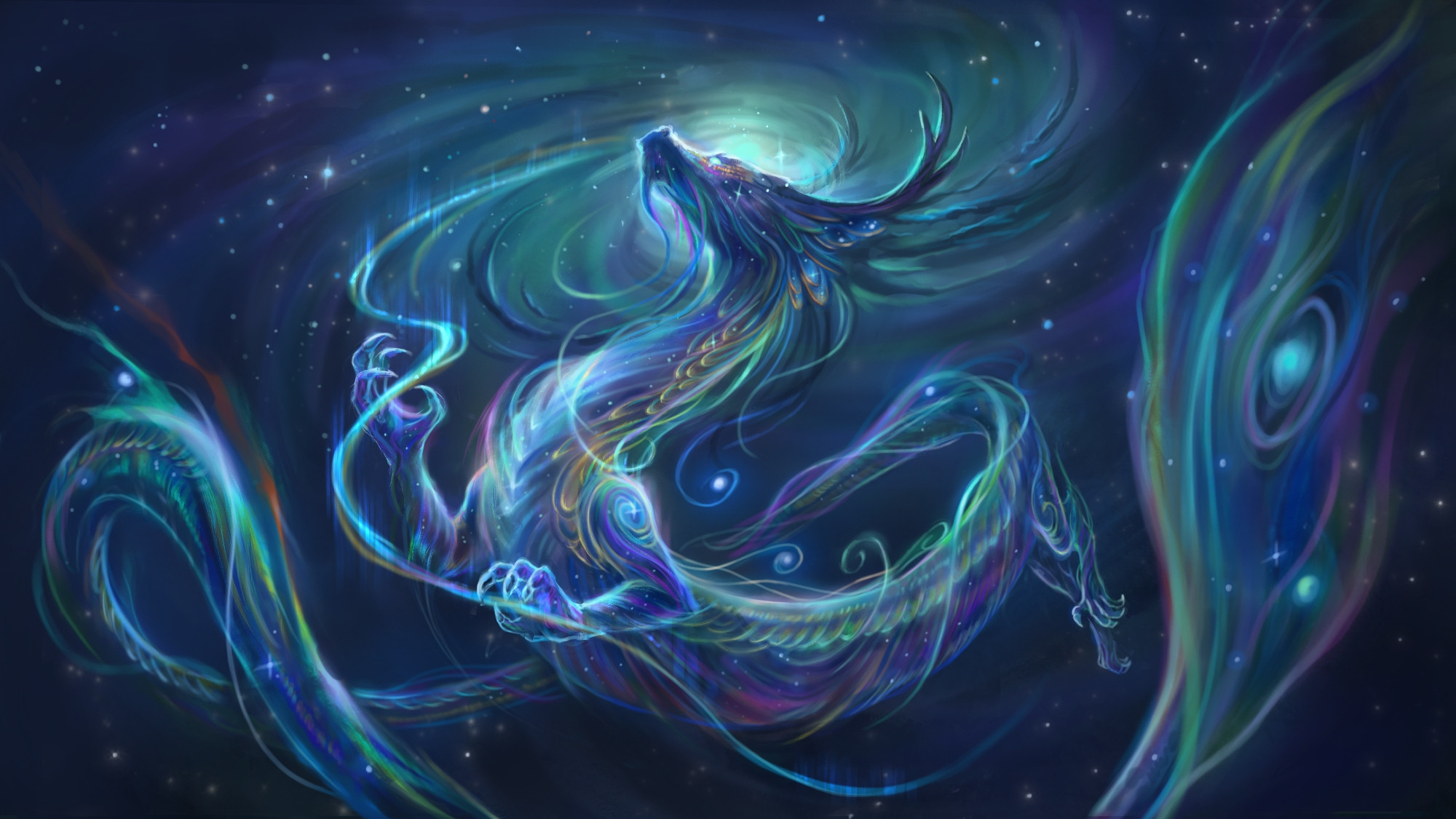 Digital illustration of a dragon in the stars. The body of the dragon is long and sinuous, appearing almost as if it is created from the galaxies around it as it twists through the sky. It's head rears back and behind it is a spiral galaxy, nestled between two long horns. The two front arms pull a thread of glowing magic from the galaxy. 