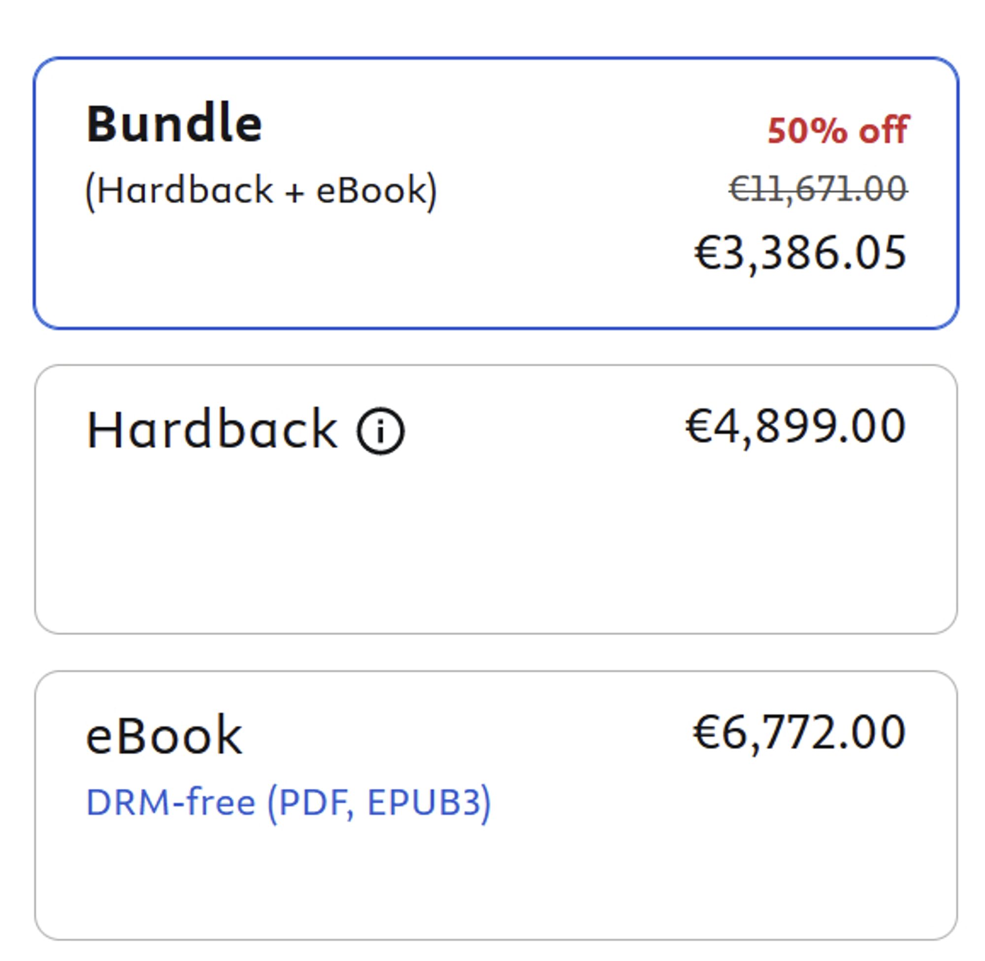 Treatise of Geophysics. hardback costs 4899 EUR, eBook 7672 EUR, the budle of 11671 EUR is 50% off and costs 3386.05 EUR.