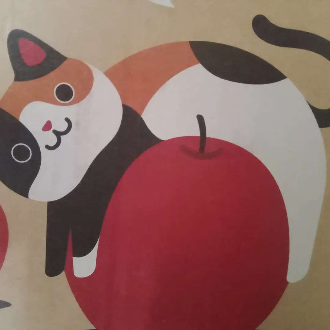 A calico cat on an apple