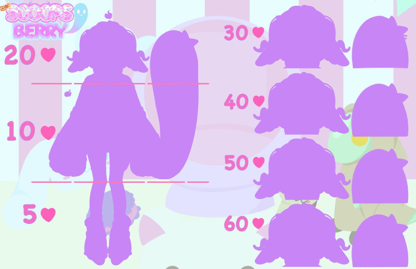 Silhouette of a 2D vtuber model. Full body will be unlocked at 5/10/20 likes, expressions will be revealed at 30/40/50/60 likes.