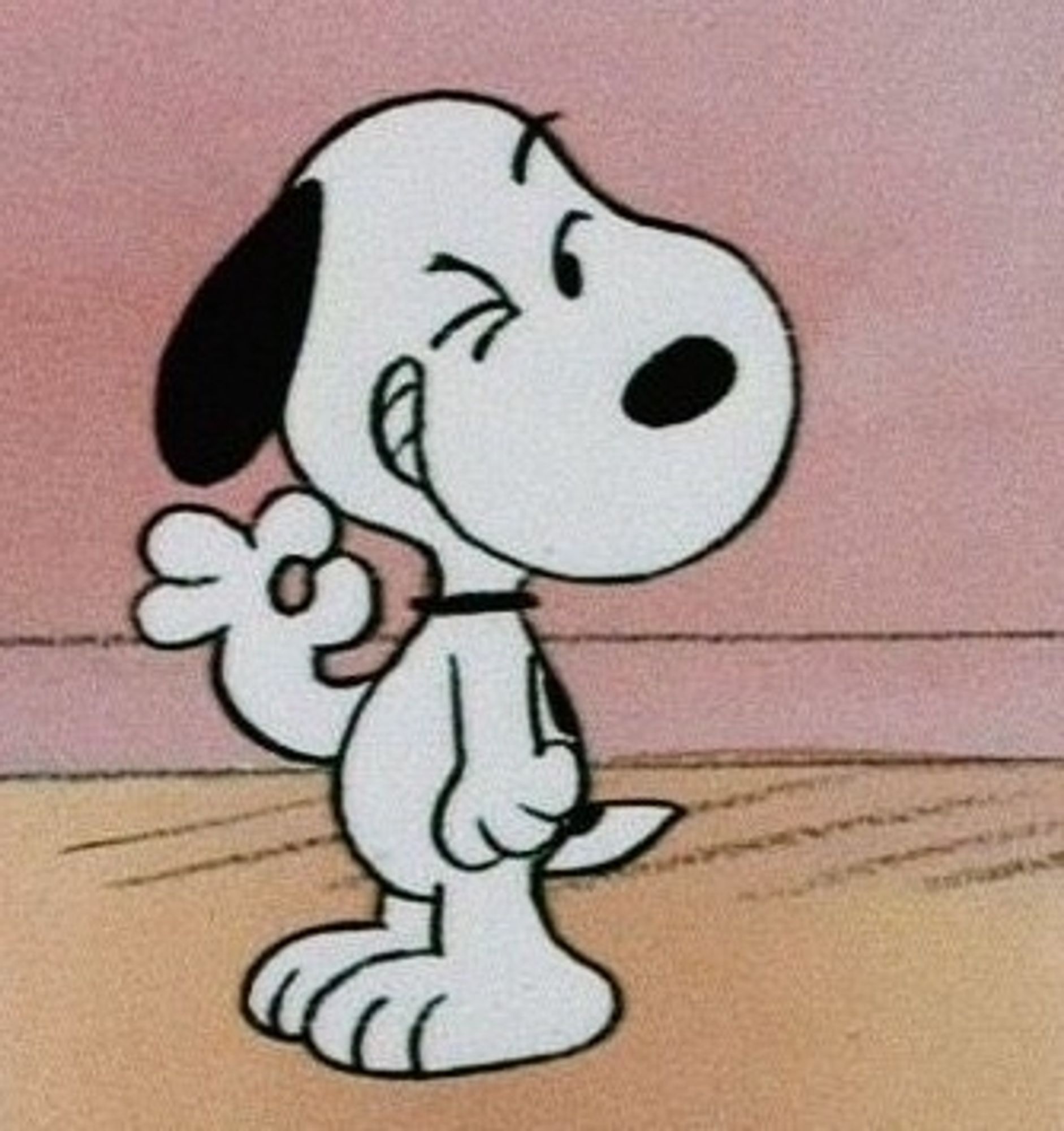 A drawing of Snoopy, standing, winking at the viewer, breaking the fourth wall.