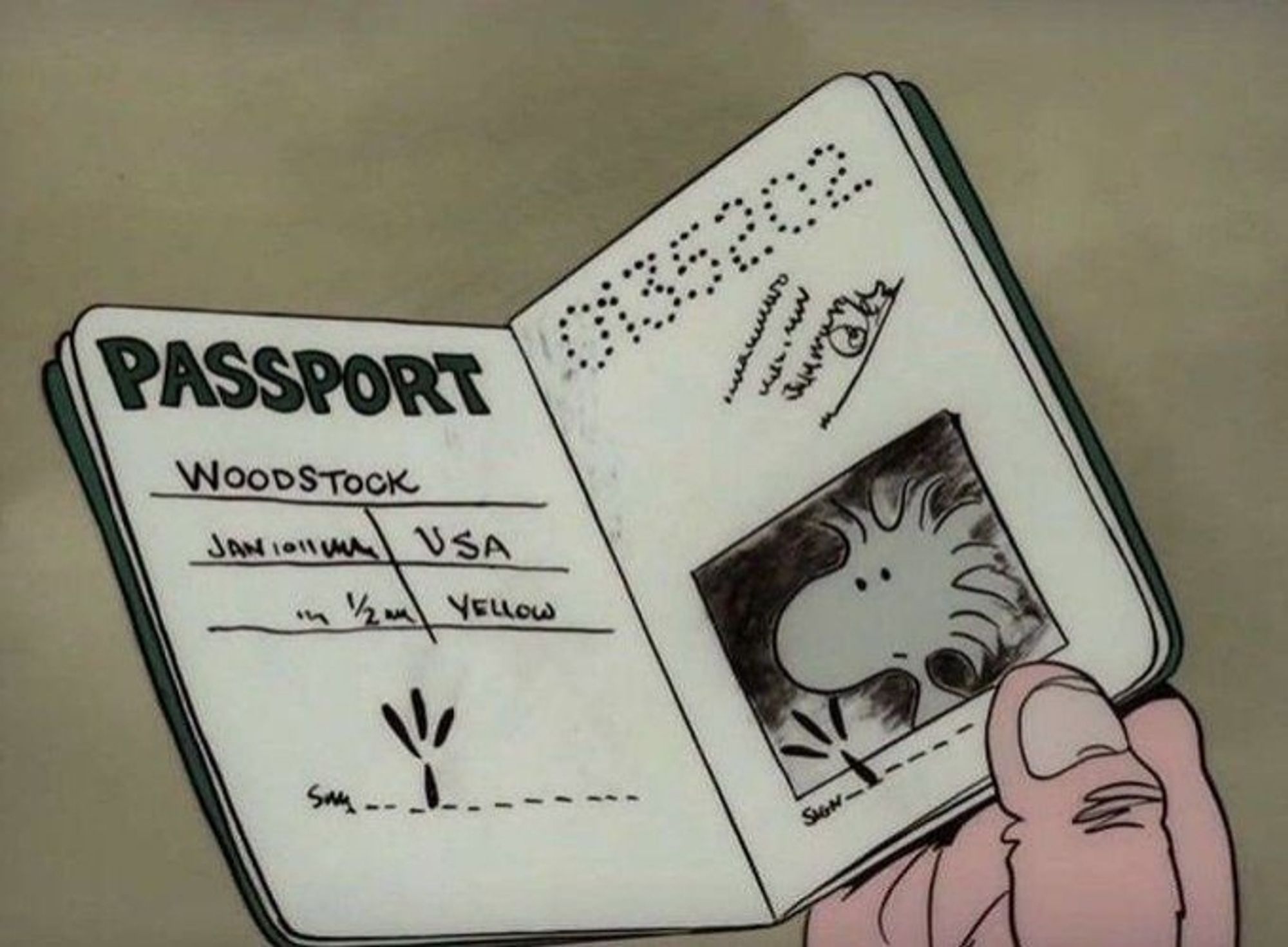 A drawing of Woodstock's passport, it contains his date of birth, signature, weight, country and photo.