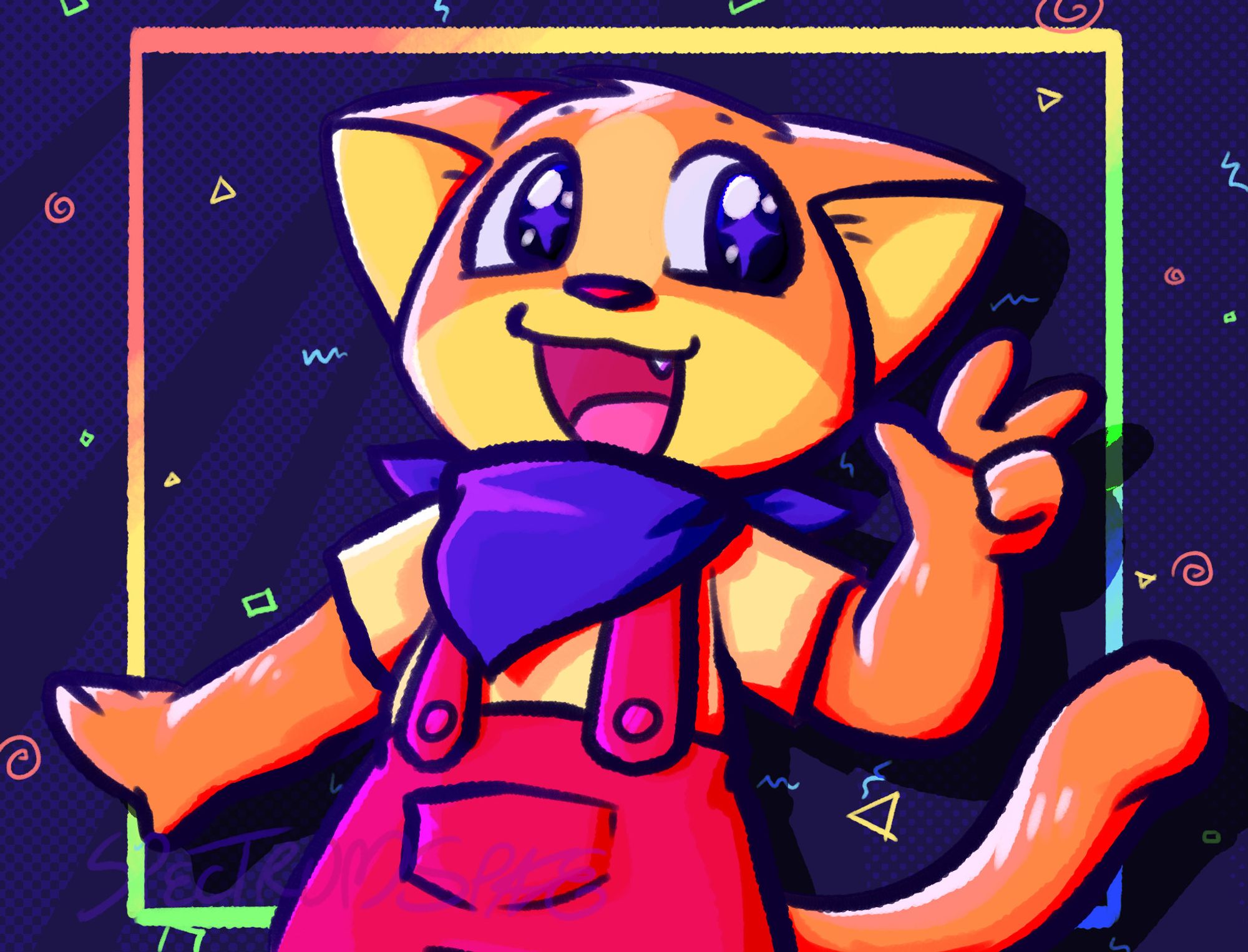 A drawing of Puffcorn (orange anthropomorphic cat) in red overalls and a blue bandana around his neck, posed happily over a purple arcade floor-like background.