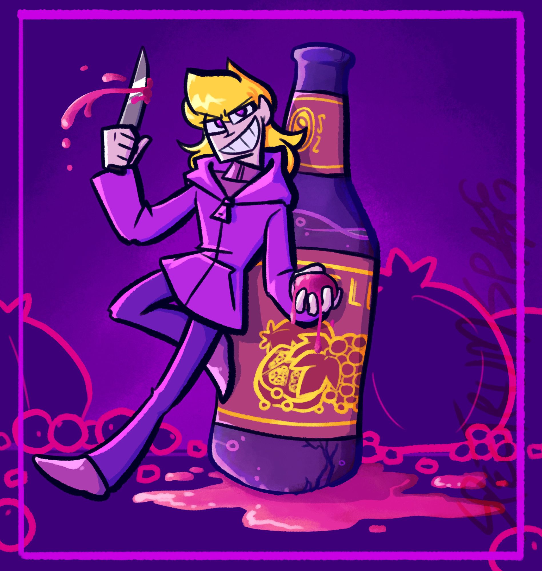 A cartoony drawing of Porfirio (lanky blonde in bright purple) leaning on a cracked glass bottle that's leaking bright pink. He's holding some kind of fruit of roughly the same color. The background and bottle label show pomegranates and berries.