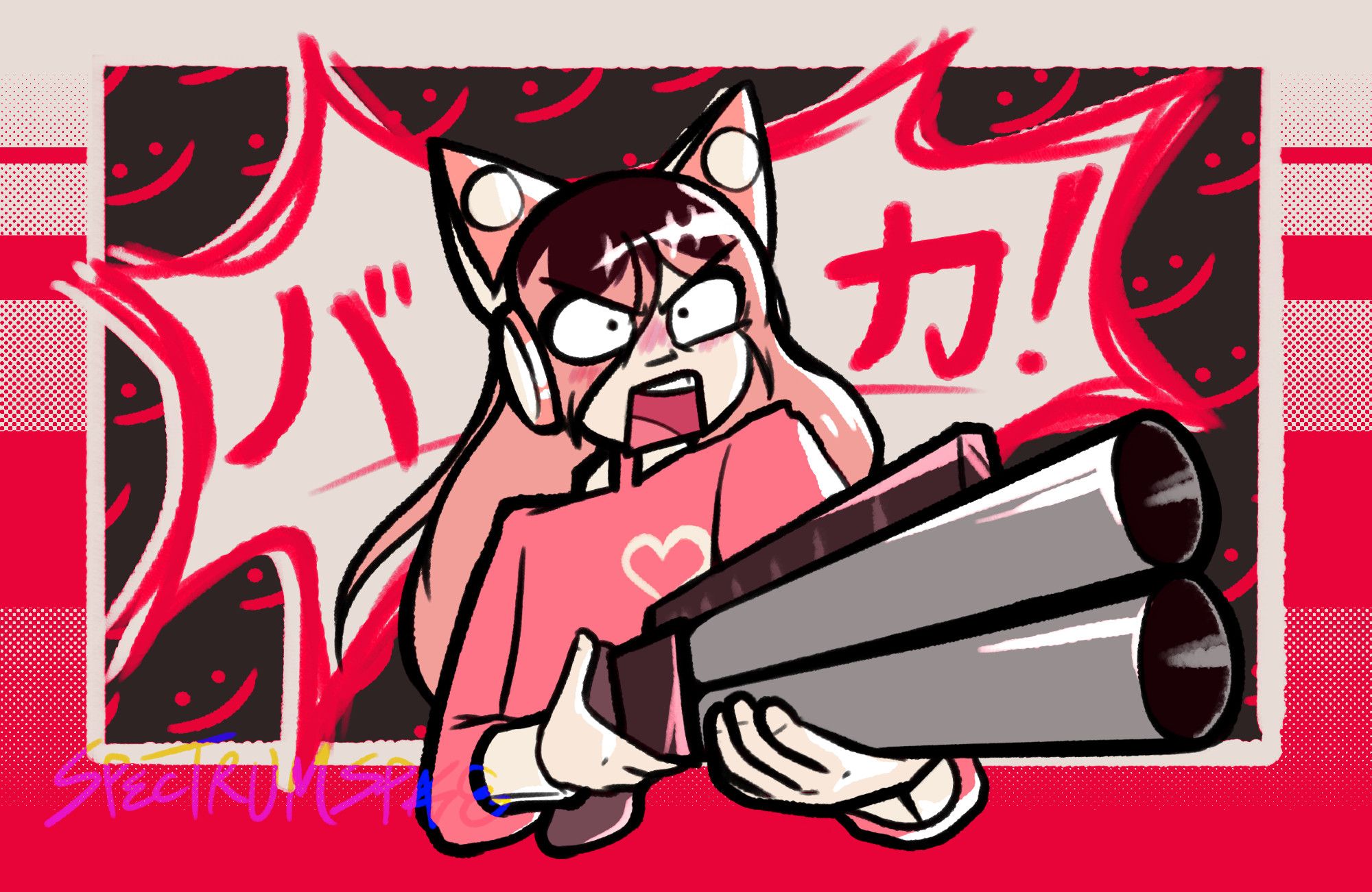 A stylized drawing of a person in bright pink with cat eat headphones holding a shotgun. The background is white, red, and black, with tiling smiley faces and the word "baka" ("idiot") written in katakana.