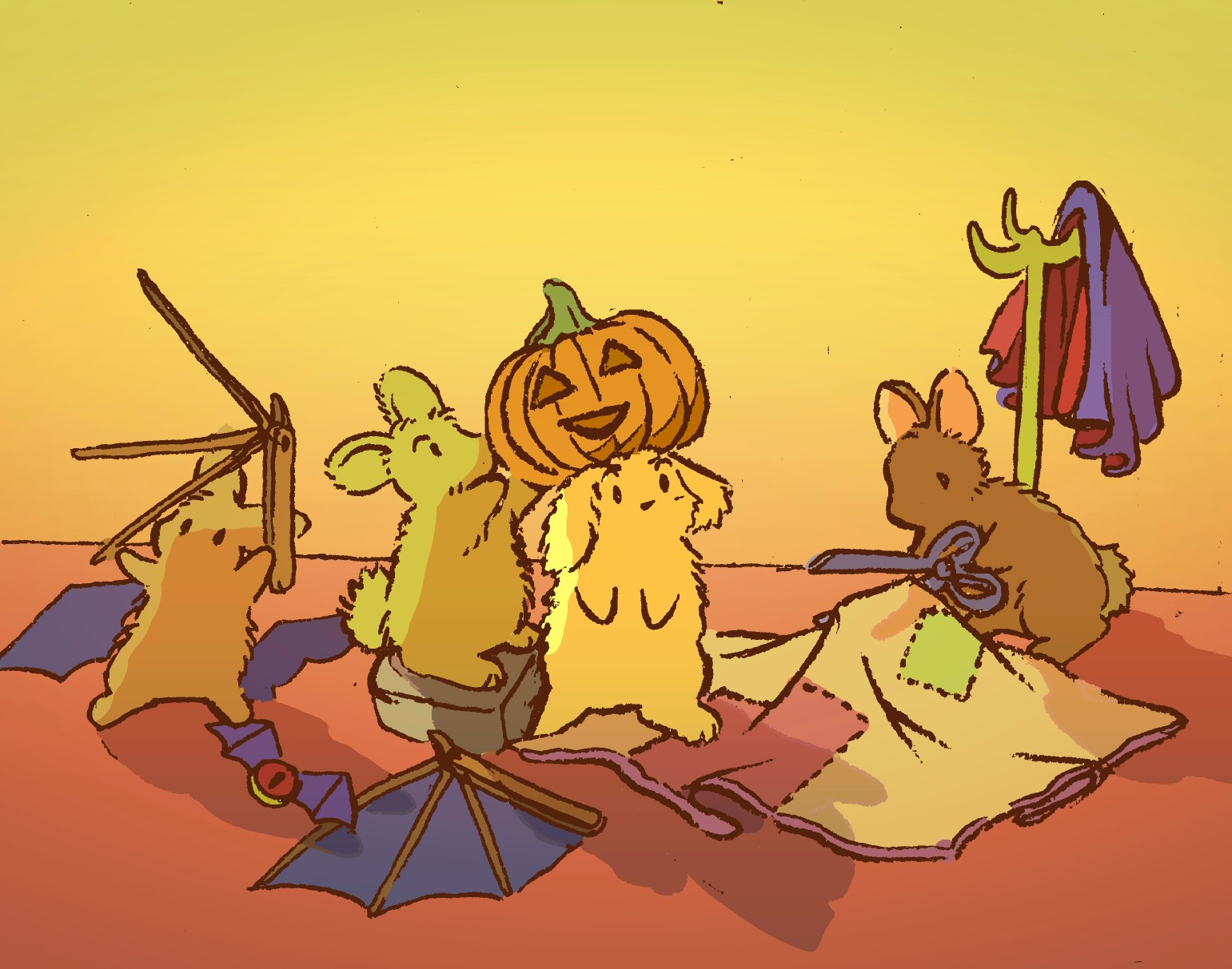 Four bunnies prepare halloween costumes. One is placing a jack-o-lantern mask atop another bunnies head, while a third bunny cuts out an old bedsheet. A fourth bunny constructs batwings out of sticks and paper, and there is a purple and red cape in the background