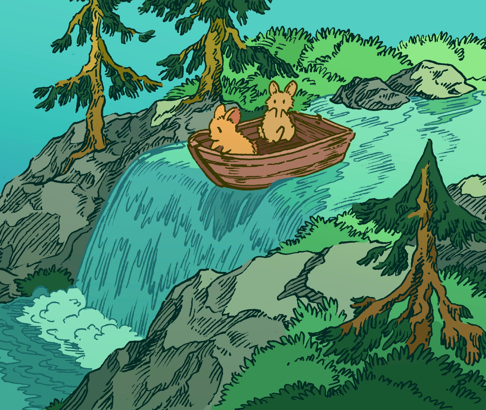 Two bunnies in a small rowboat are floating down a small river, in the woods. They are about to go over a waterfall, with the bow of their boat already over the edge. They peer over the side of the boat cautiously