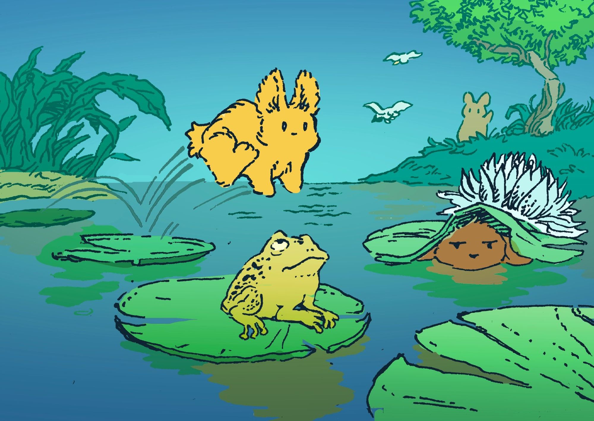 A bunny hops on lily pads, over a frog who looks up at it: They are playing "Leap Frog"! A second bunny is underneath a lily pad, apparently having sunk into the pond