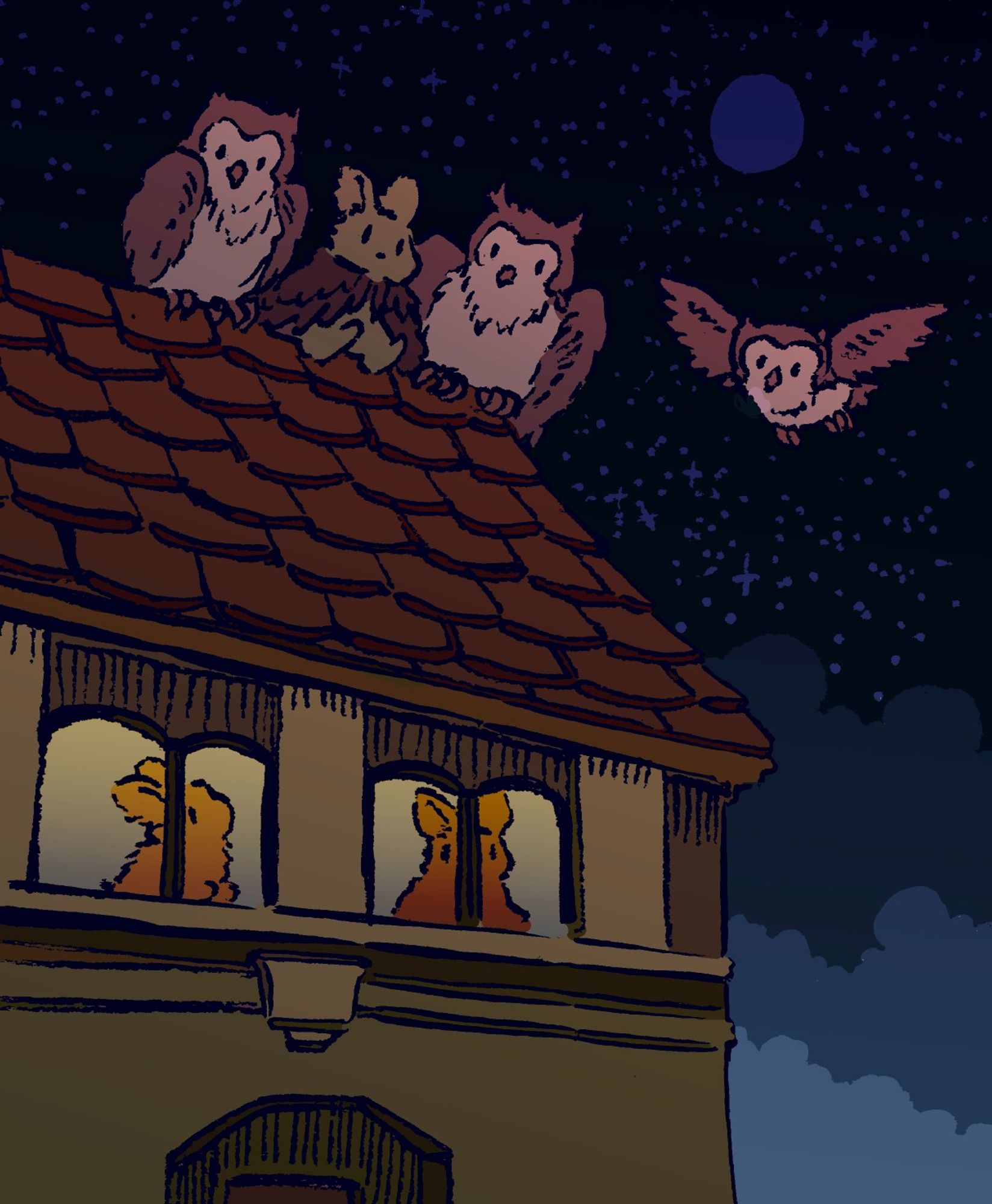 A bunny sits perched on top of an old victorian house, wearing a cloak of feathers. Three friendly owls gather  around her, and it is nighttime. Two bunnies are visible in the windows, curious about the mysterious goings-on on the rooftop