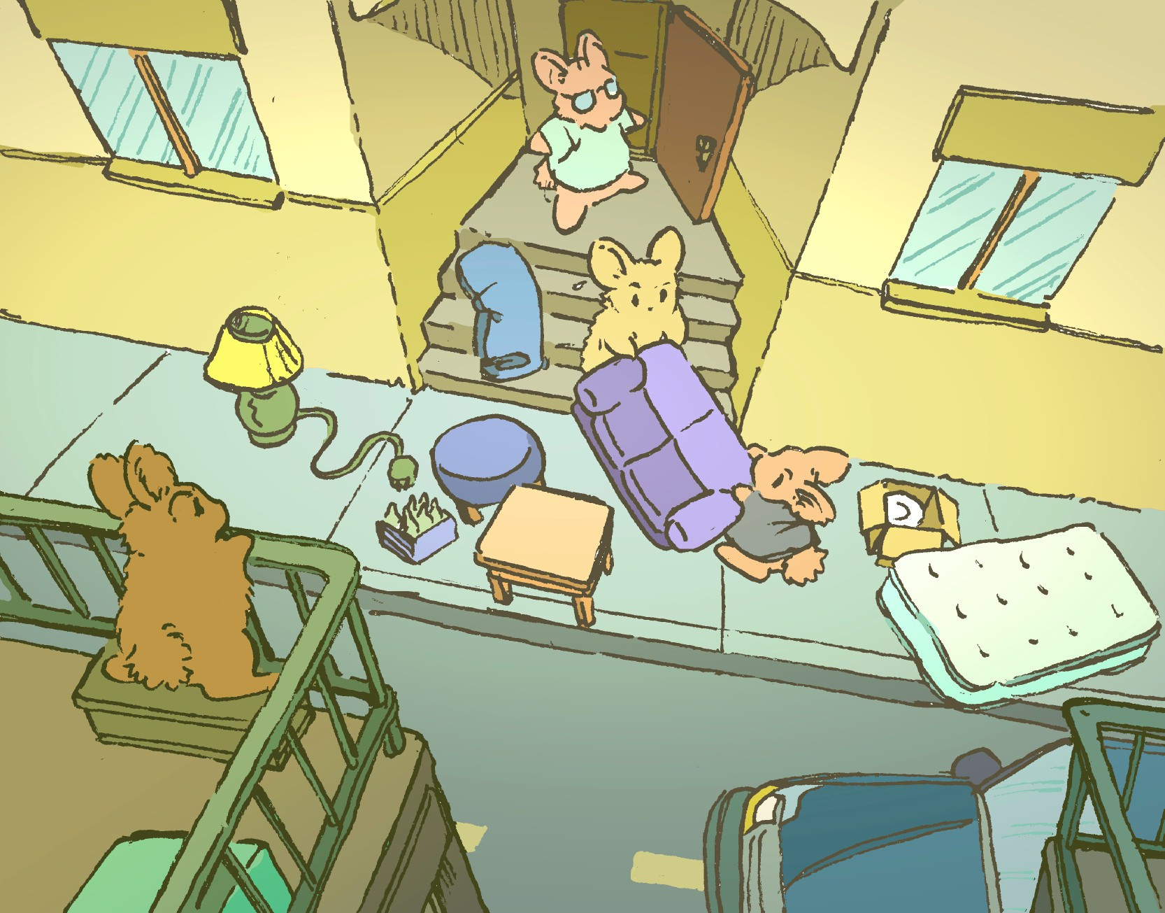 A trio of bunnies moves a ton of furniture into an apartment, which is currently strewn about the sidewalk. From the balcony opposite their apartment building, a different bunny watches them anxiously