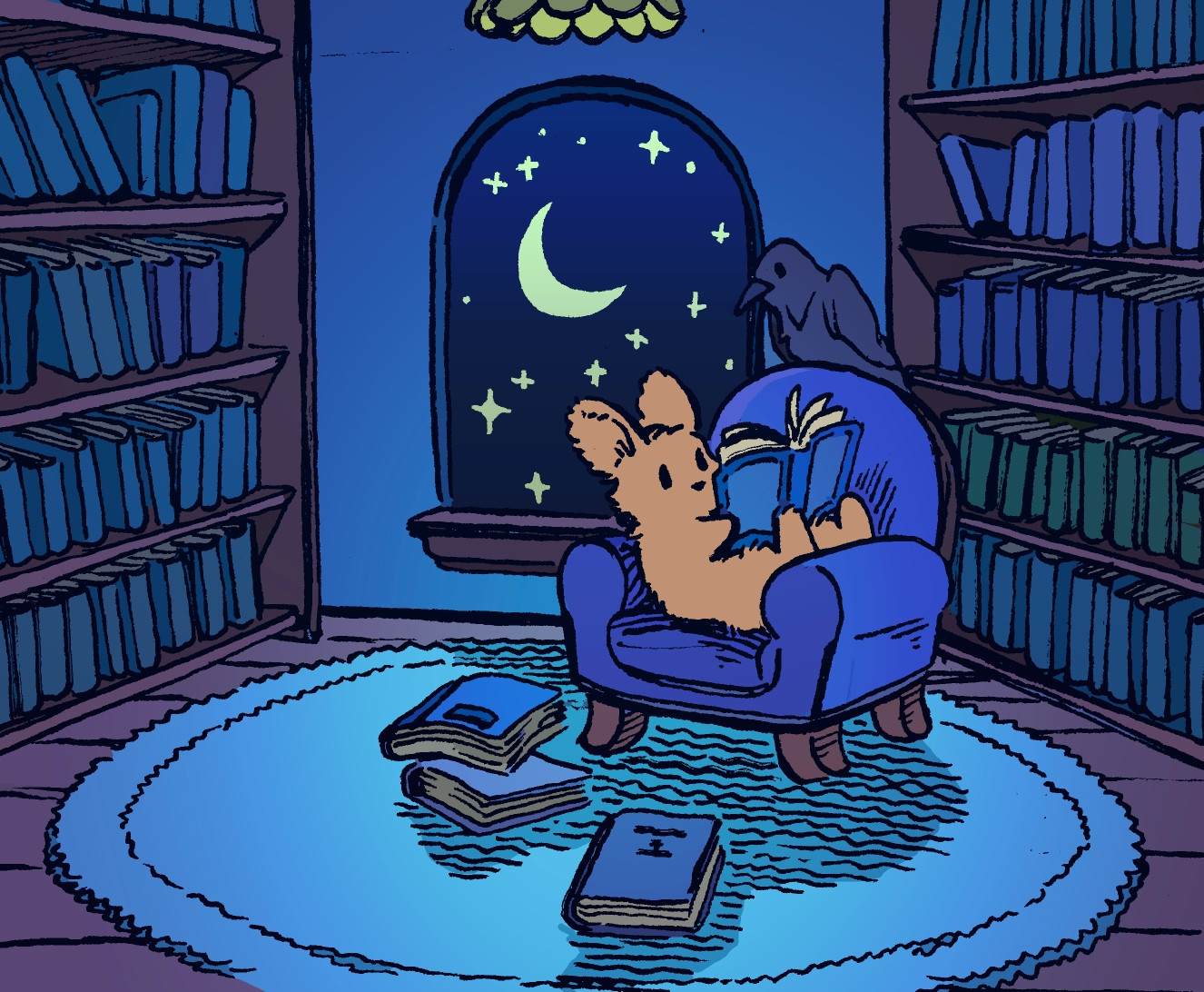 A bunny reads a book in a small reading room, sitting sideways in a blue armchair. Other books are strewn about the chair, and there is a raven perched moodily on top of the chair as well. It is a moonlit night, as seen through a window