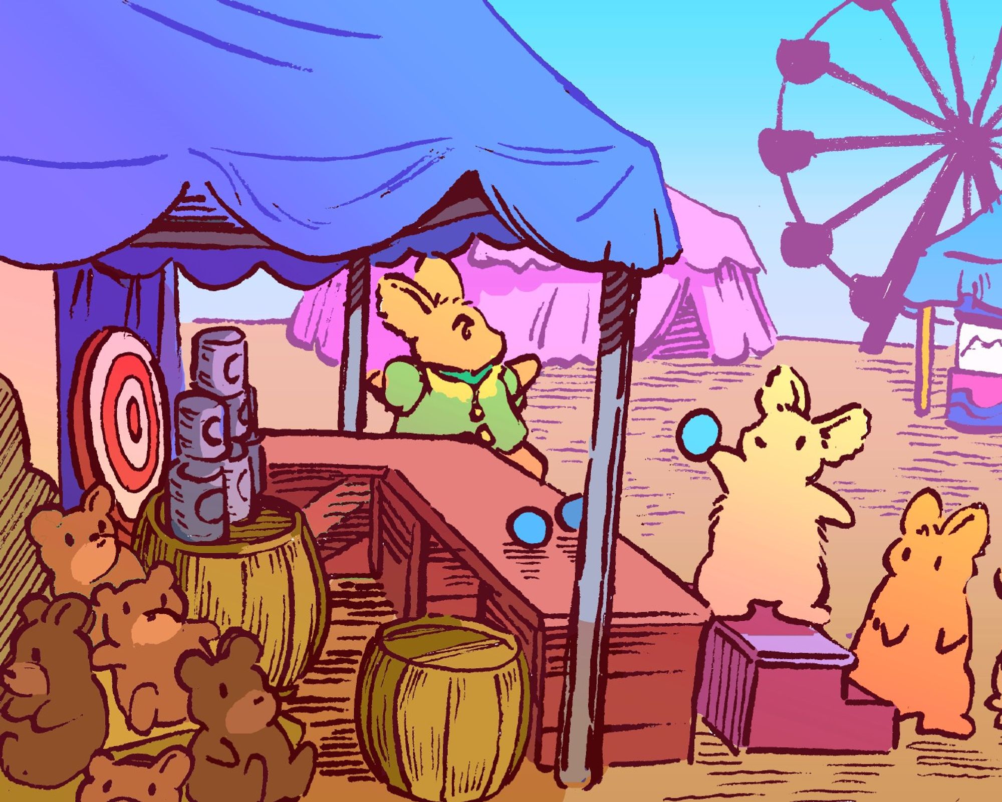 A bunny is about to throw a ball at a stack of cans, in a carnival booth. A carnie in a garish green costume beckons others to try the game, and A pile of teddy bears is in the corner of the booth, as prizes.