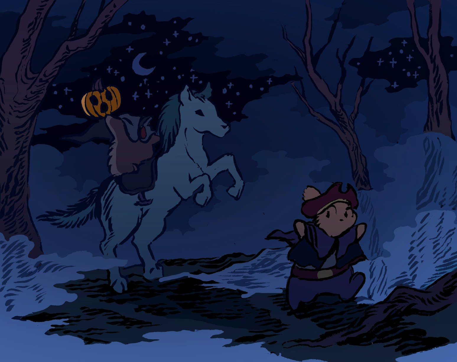 A bunny dressed as Ichabod Crane runs from a headless horse-bun, brandishing a pumpkin with a carved face in it's hand as it's horse rears up menacingly. It is a misty night, and there are a few scraggly trees along the dirt path.