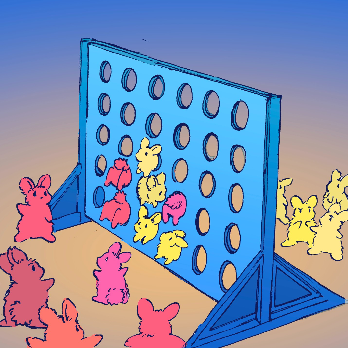 Red and yellow bunnies play "Connect Four", with themselves acting as the pieces on a giant connect four board. On either side, both the red and the yellow bunnies are arguing amongst themselves about tactics