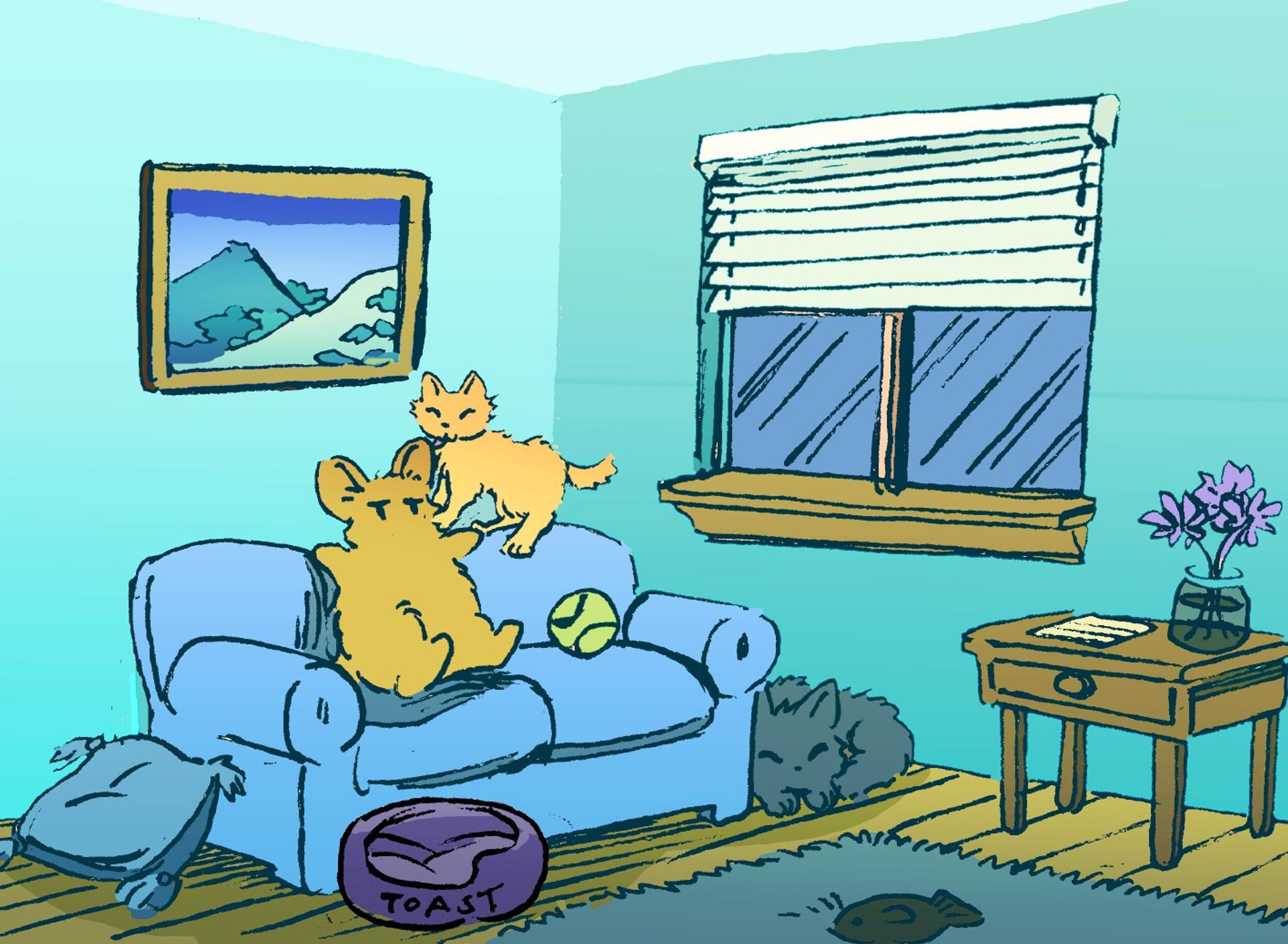 A bunny lies exhausted on a couch in the living room. One cat lies asleep beside the couch, but the other, smaller cat has climbed up on the couch and is nipping the bunnies ear, wanting to play with a tennis ball. There is a catbed on the floor marked "Toast", for the small cat that is toast-colored