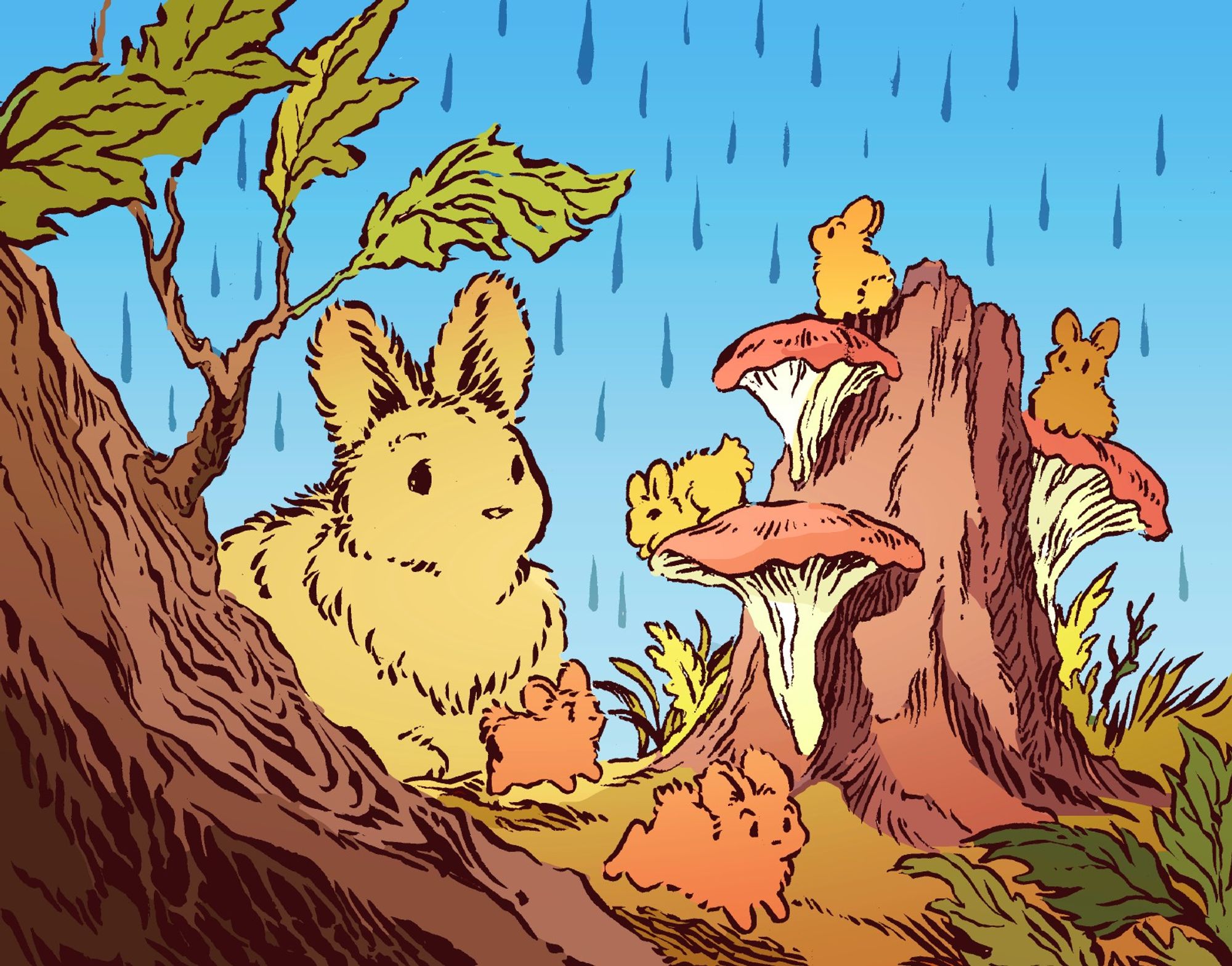 Several bunnies sit atop mushrooms growing out of a rotting tree stump. They are small enough to stand on the mushrooms. A different bunny sees them, who is giant in comparison: This one is actually probably closer to a real-life bunny size. Two more of the tiny-sized bunnies run in fear from the 'giant' bunny.