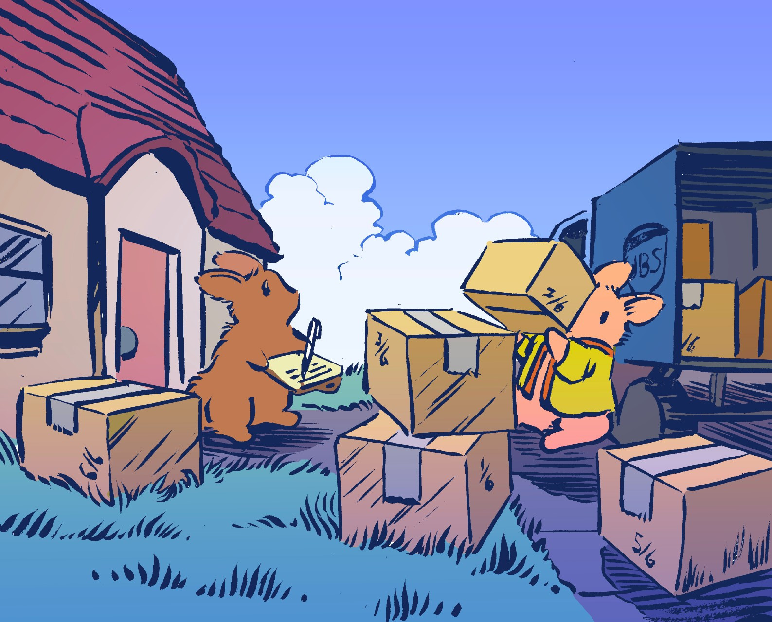 A bunny receives a very large shipment of boxes, being unloaded from a truck. He is signing for them on a clipboard. A delivery bunny is carrying one of the large packages, and they are strewn about the lawn of the recipient's home.