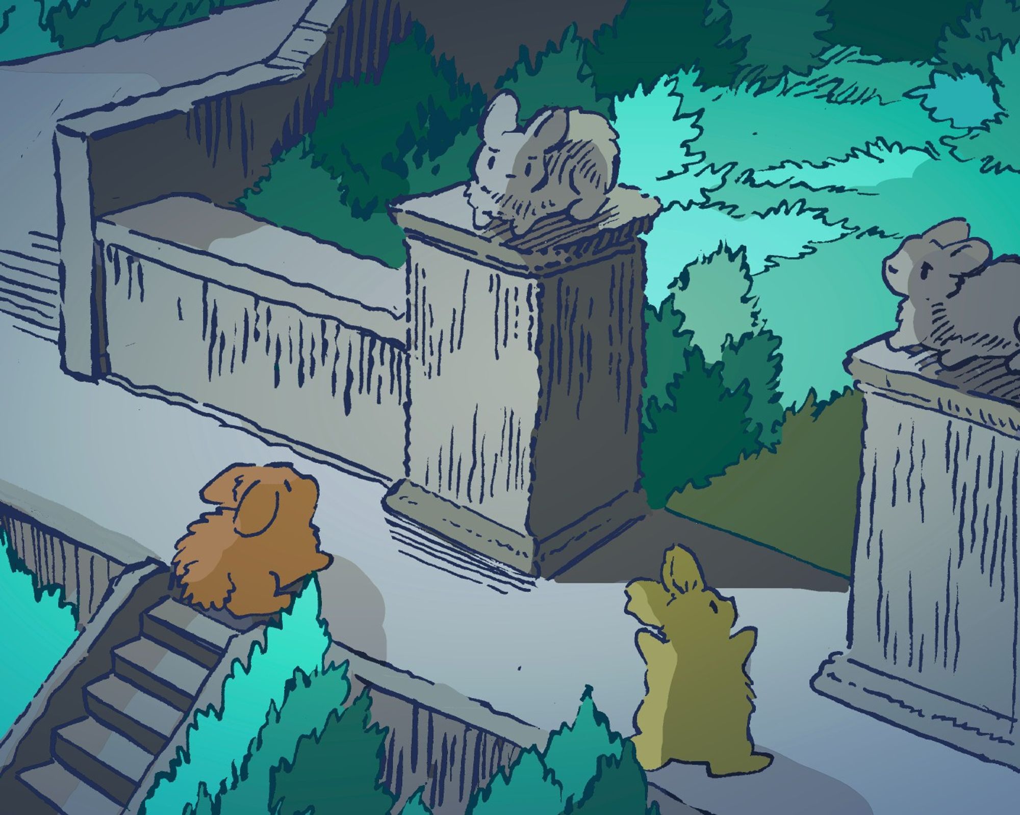 Two bunnies stand outside a walled garden, asking to go in. Two bunny statues, made of stone, are sitting atop either side of the garden entrance. The stone bunnies view the real bunnies sternly.